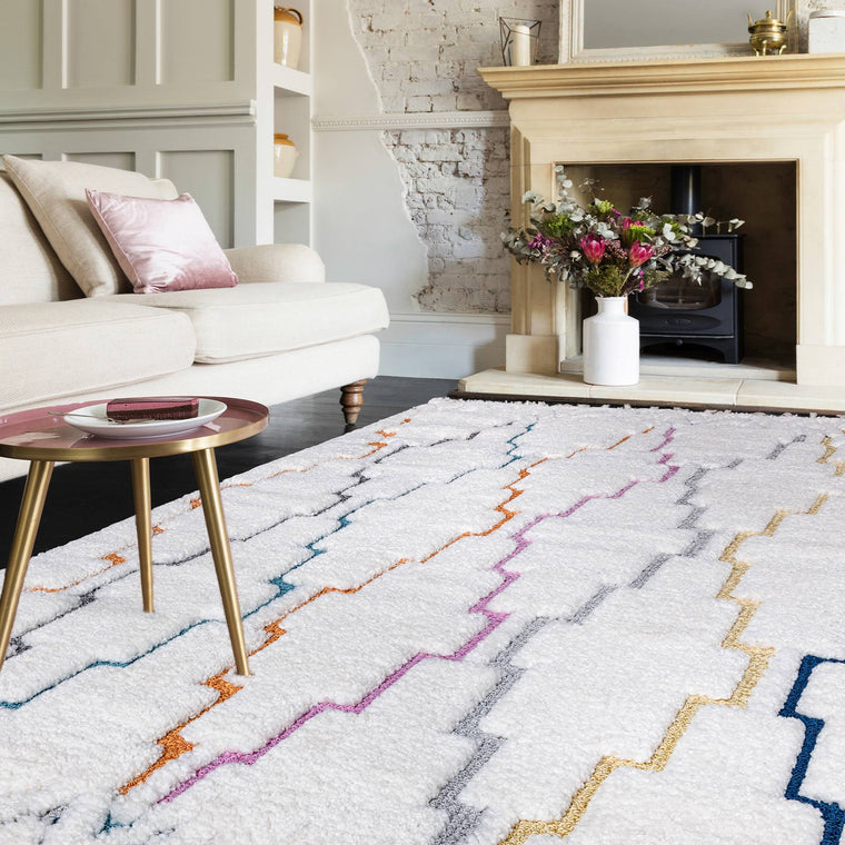 Cut and looped in one weave — Geometric Polypropylene Living Room Rug — High-Low Pile, Boho, Ariana