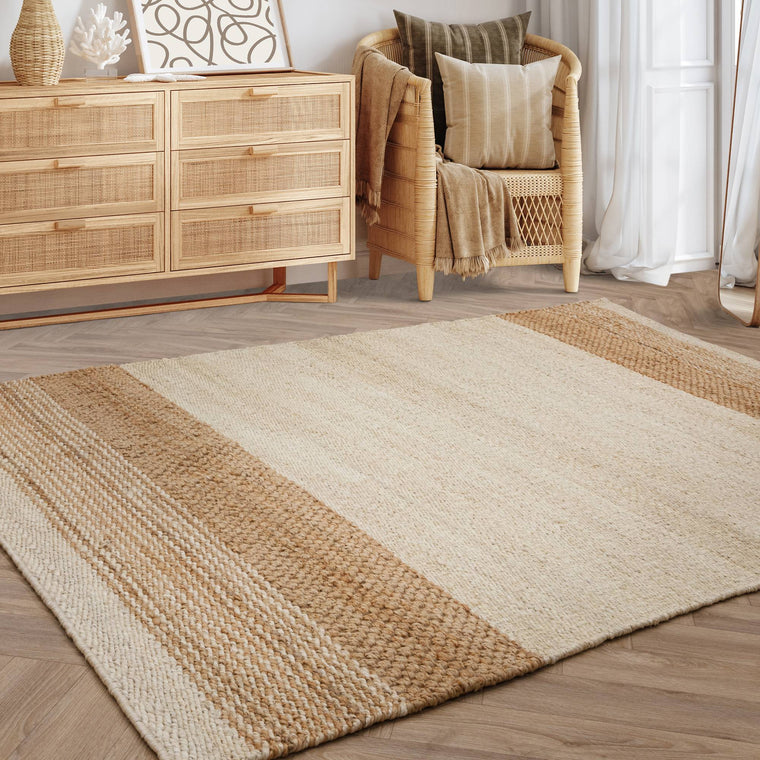 Natural jute fibre — Stripe Jute Living Room Rug — Flatweave, Hand Woven, Cedar