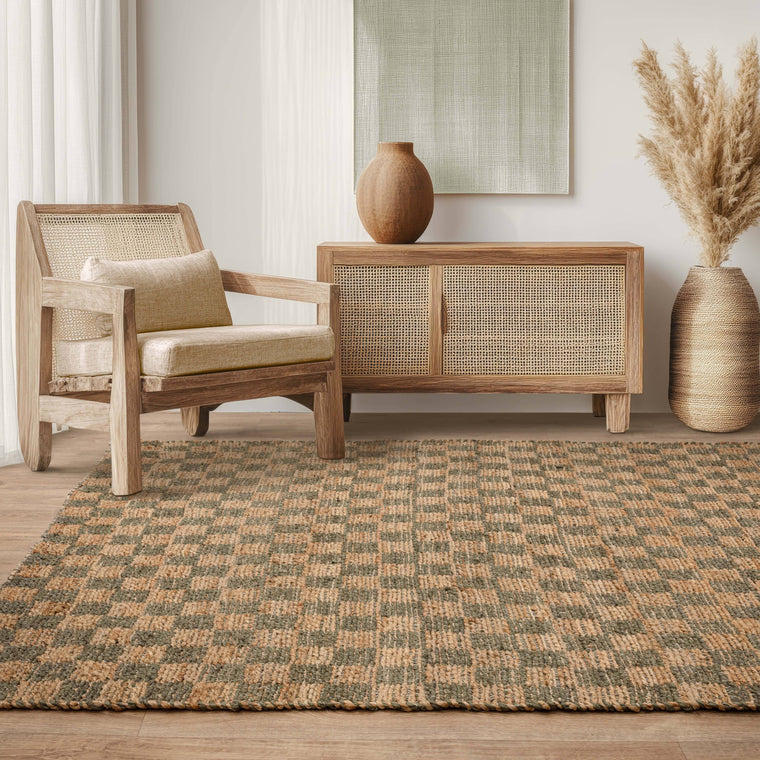 Natural jute fibre — Check Jute Living Room Rug — Flatweave, Hand Woven, Naturi