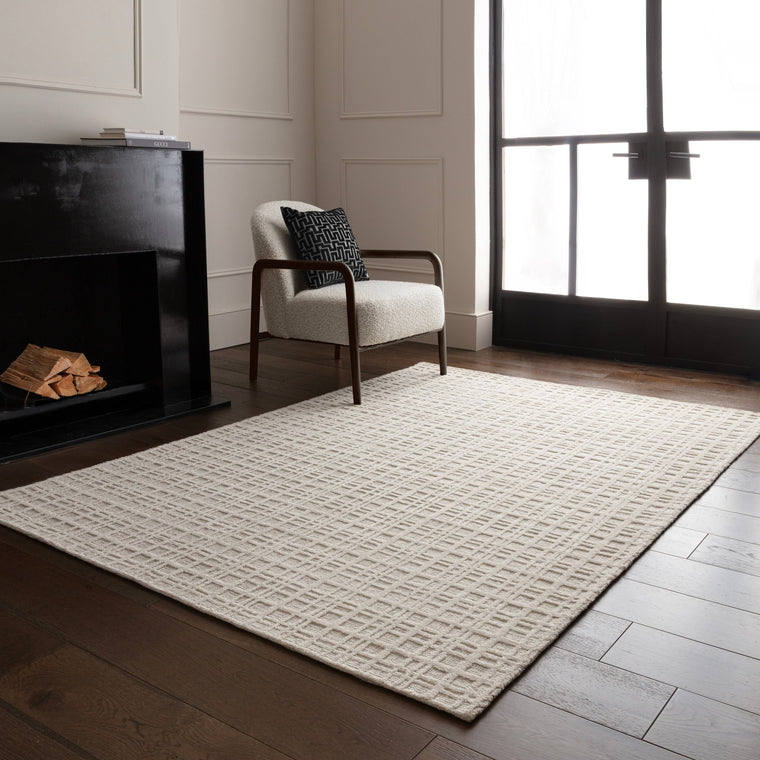 Hand woven in India — Check Wool Living Room Rug — High-Low Pile, Hand Woven, Thatch