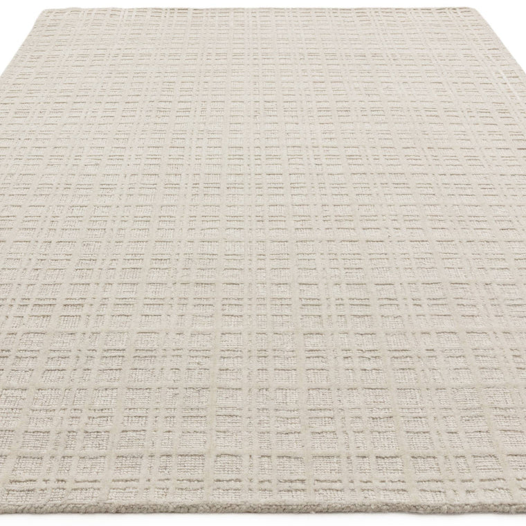 Cut and looped in one weave — Check Wool Living Room Rug — High-Low Pile, Hand Woven, Thatch
