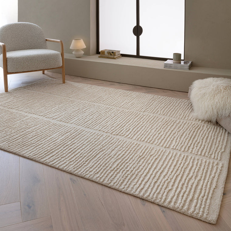 Hand tufted in India — Geometric Wool Living Room Rug — Loop Pile, Hand Tufted, Boho, Zennith