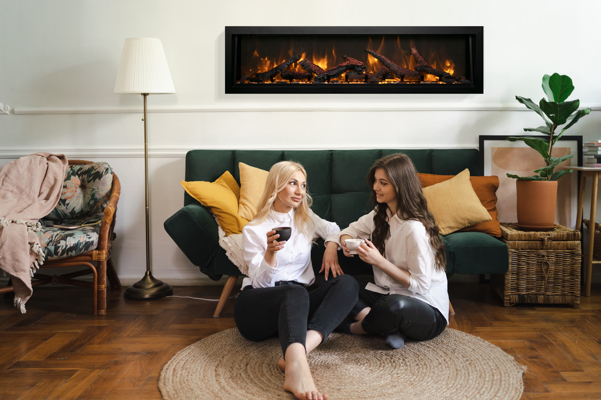 A built-in electric fireplace in a family living room