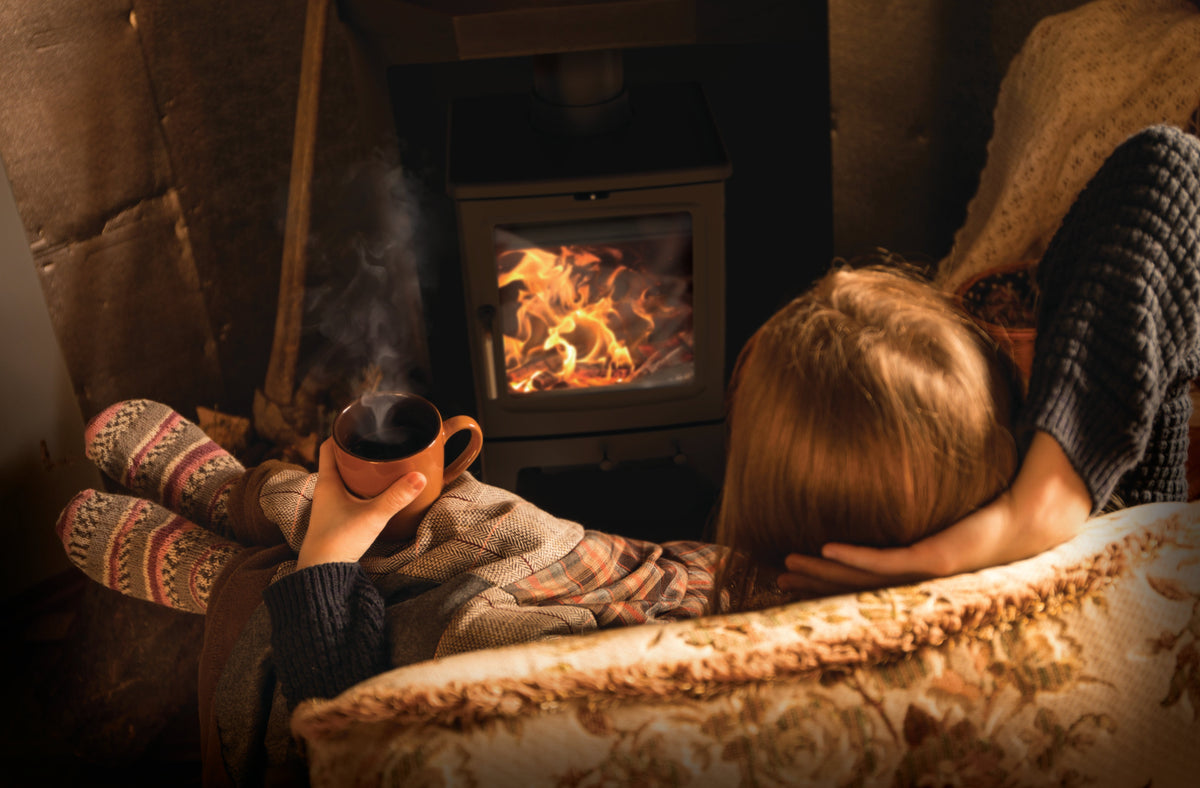 A wood burning stove alight in a bright room
