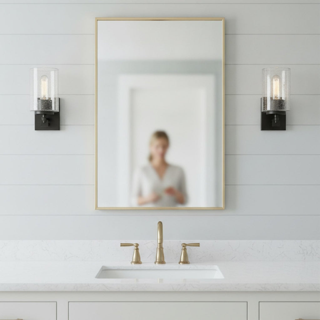 Black Metal and Textured Glass Three Light Wall Sconce - L2