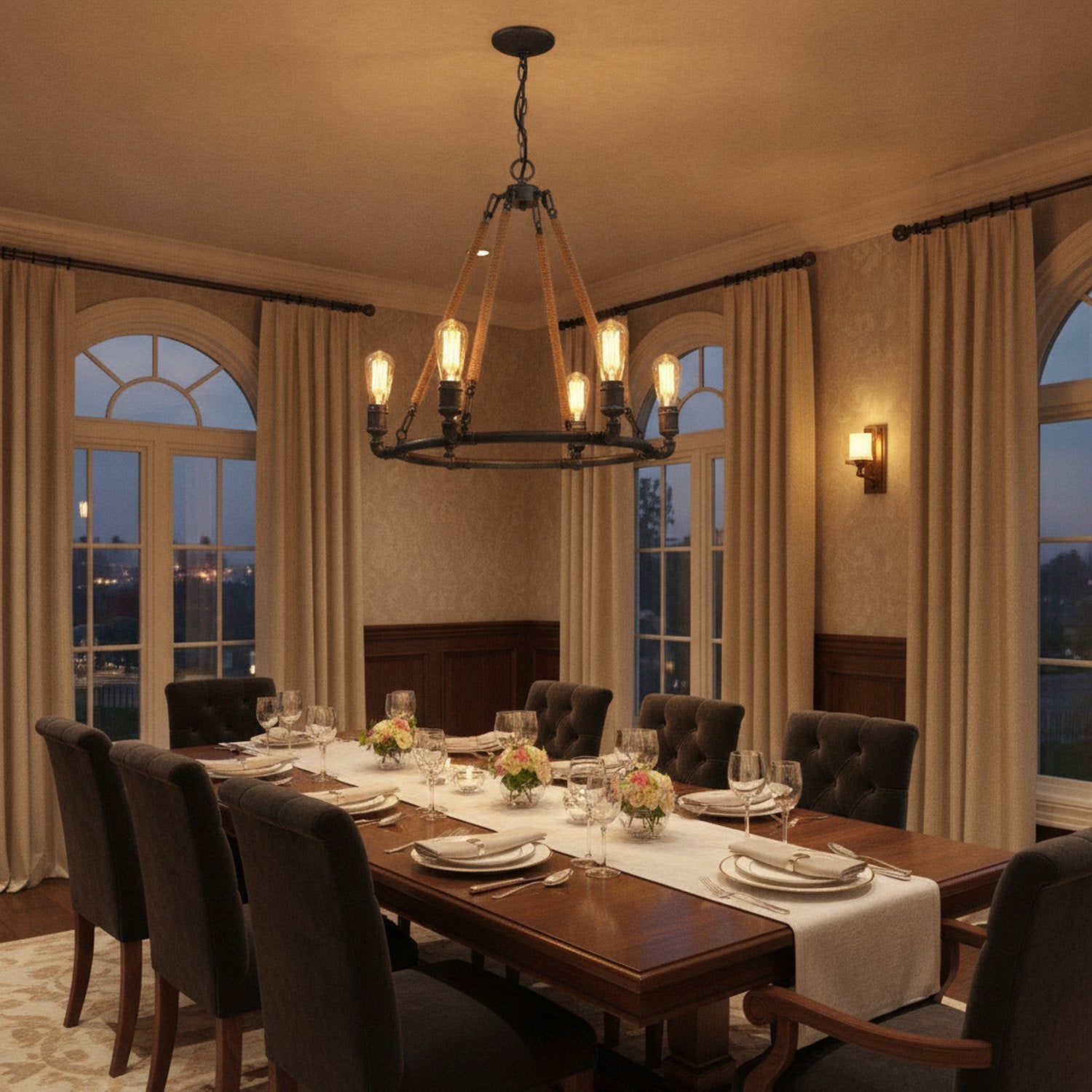 Brown and Black Candle Style Six Light Metal Dimmable Chandelier - L1