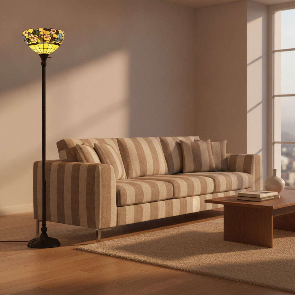 70" Brown Traditional Shaped Floor Lamp With Green And Brown Tiffany Glass Bowl Shade - L1