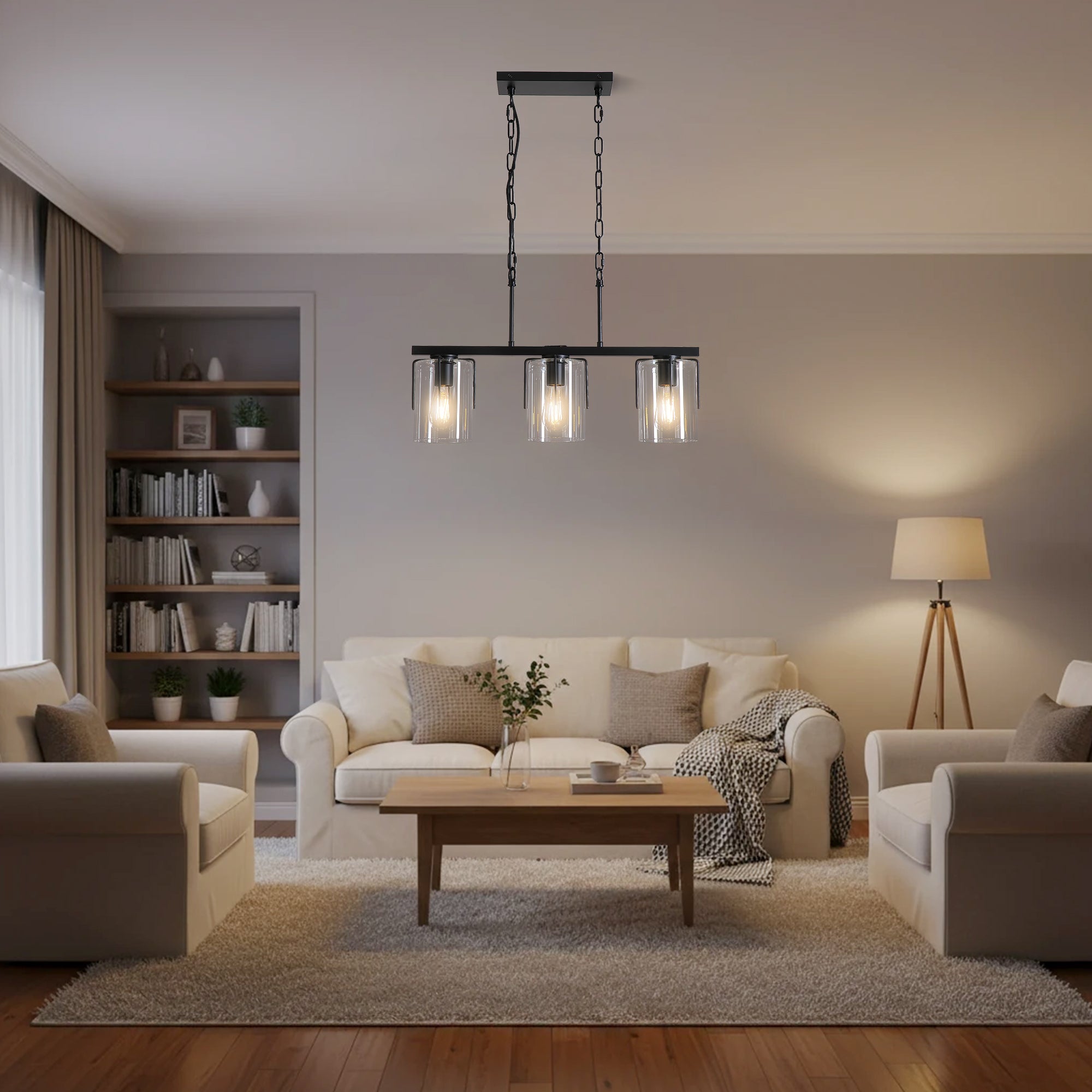 3-Light Matte Black Linear Pendant Light Chandelier