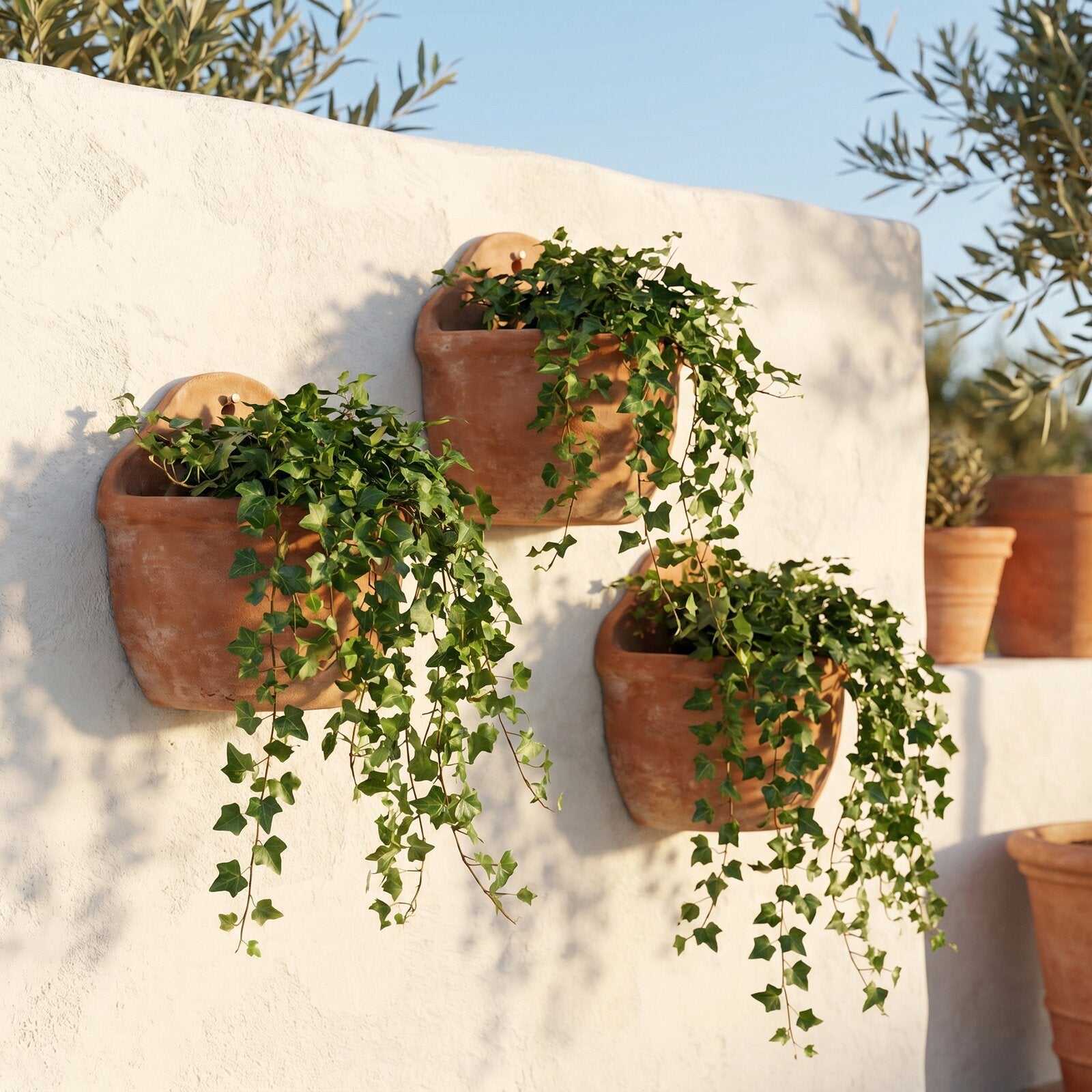 Ścienne wiszące donice zestaw 3 sztuk terakota z bluszczem na białej ścianie ogrodowej