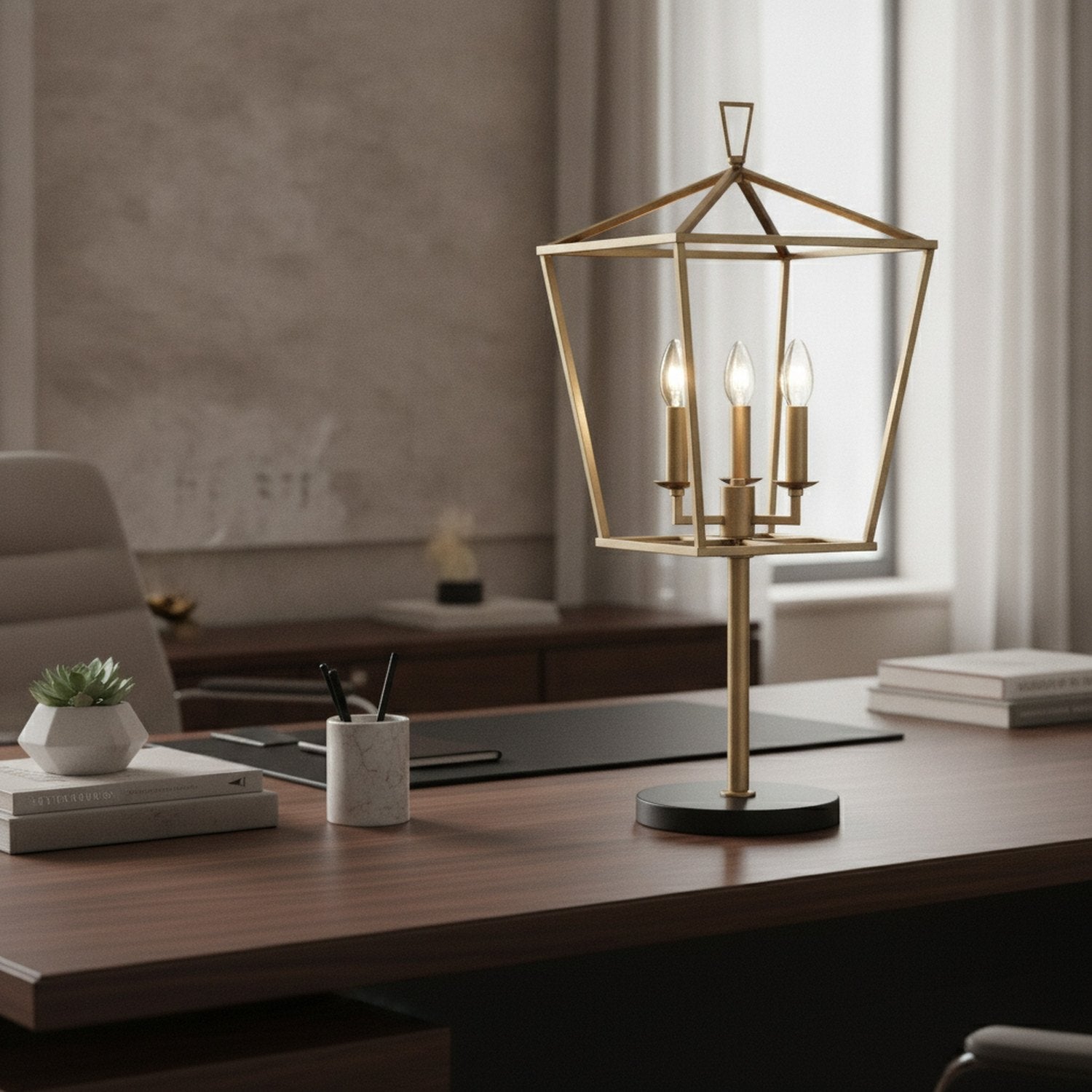 30" Black Iron Three Light Bedside Table Lamp - L3
