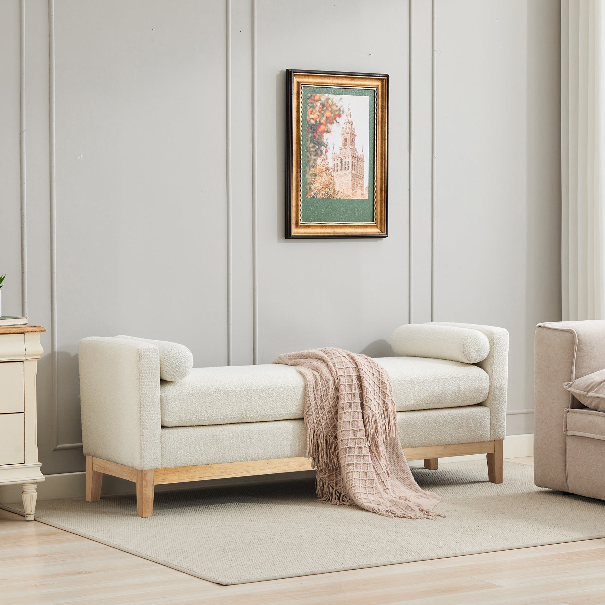 End-of-Bed Bench with Arms & Bolsters, 66", Ivory Boucle, Natural
