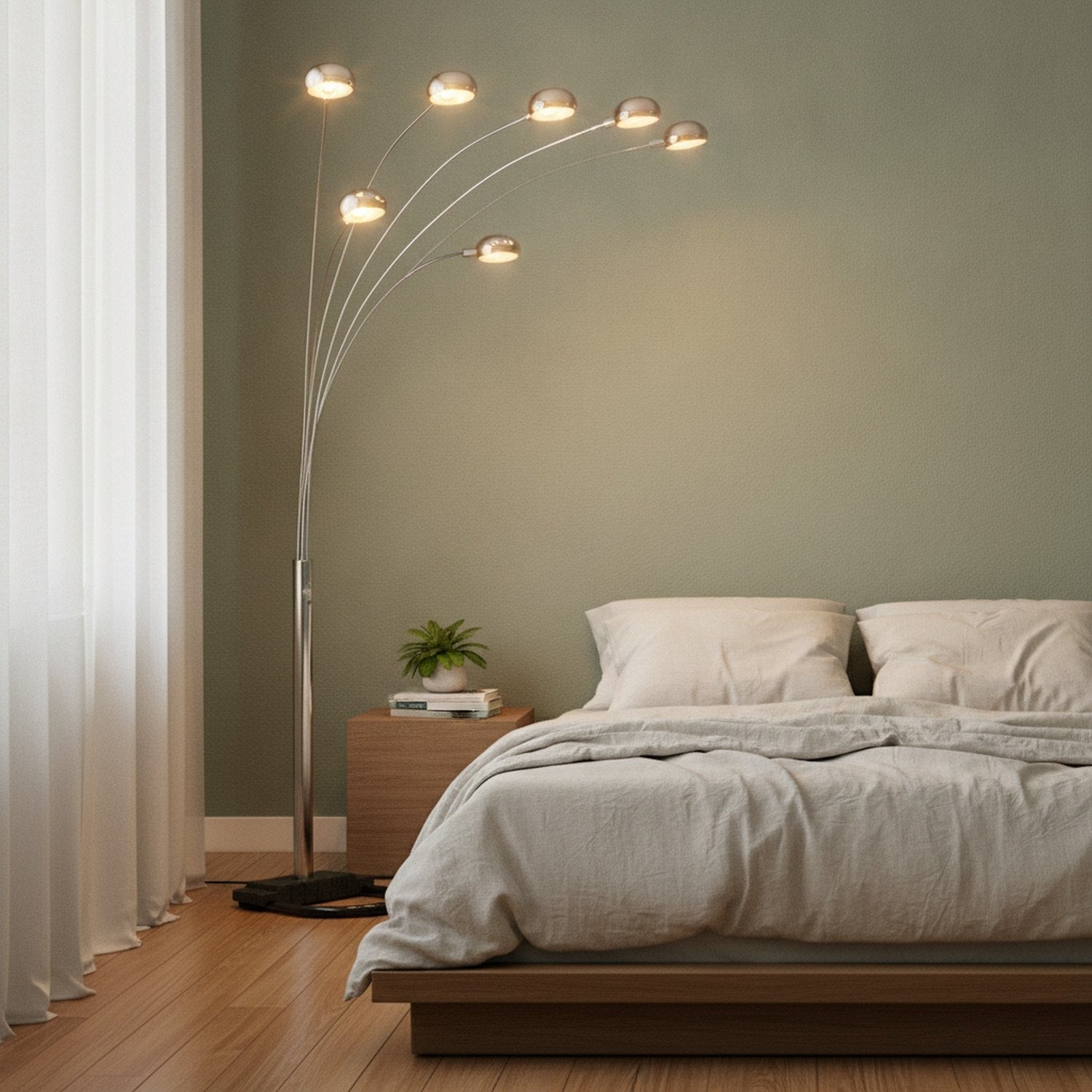 84" Nickel Five Lights Arc Floor Lamp With Nickel Dome Shade - L3