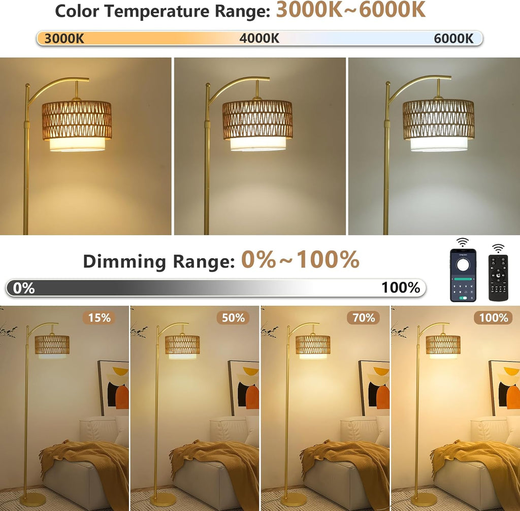 Modern Gold Boho Rattan Fabric Arc Floor Lamp