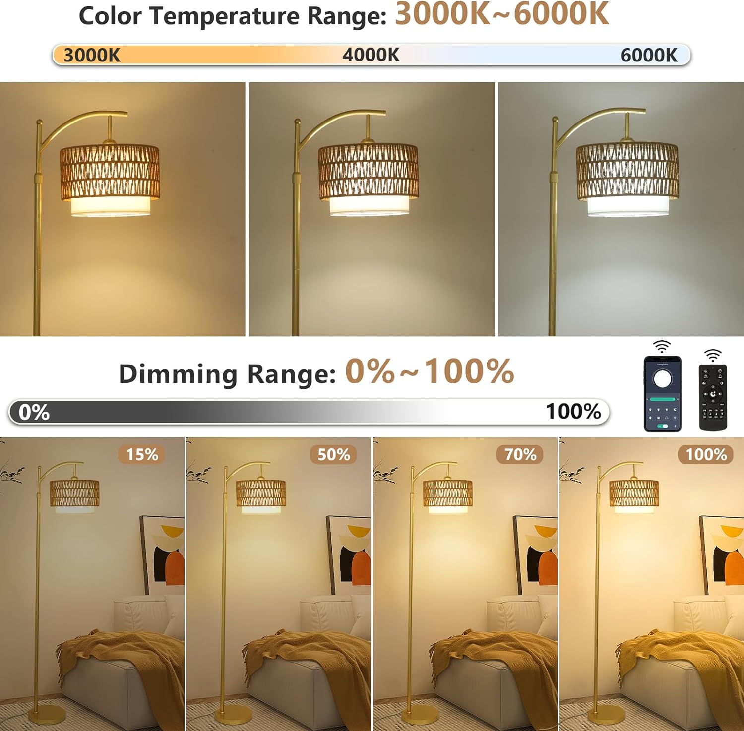 Modern Gold Boho Rattan Fabric Arc Floor Lamp