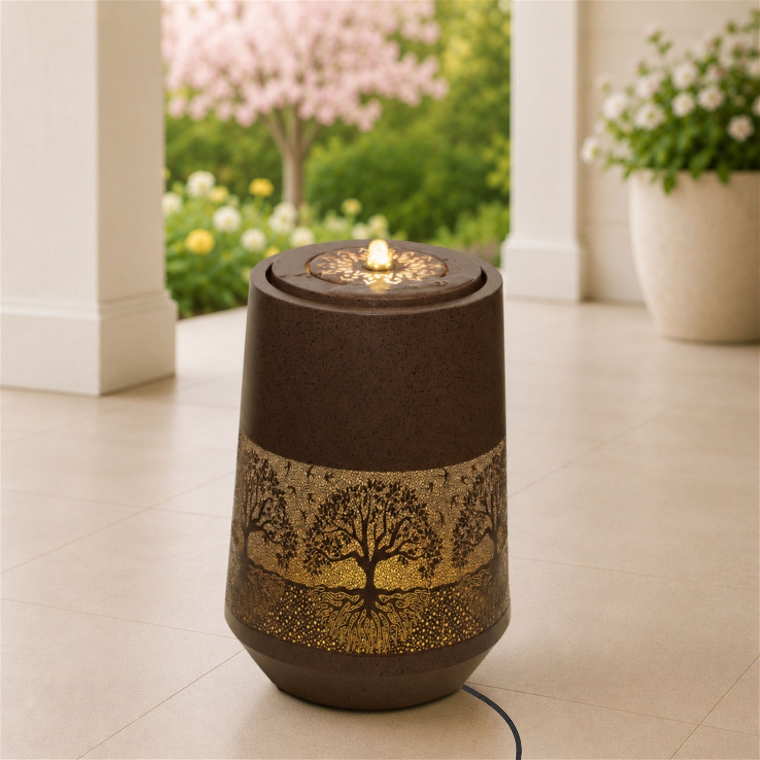 Illuminated Cut-Out Metal Tree Pattern Fountain 21"H