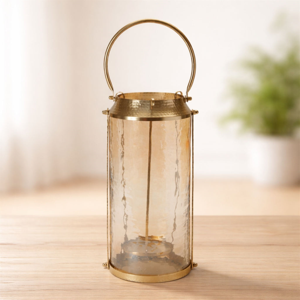 Wavy Amber Glass Lantern 15.5"H