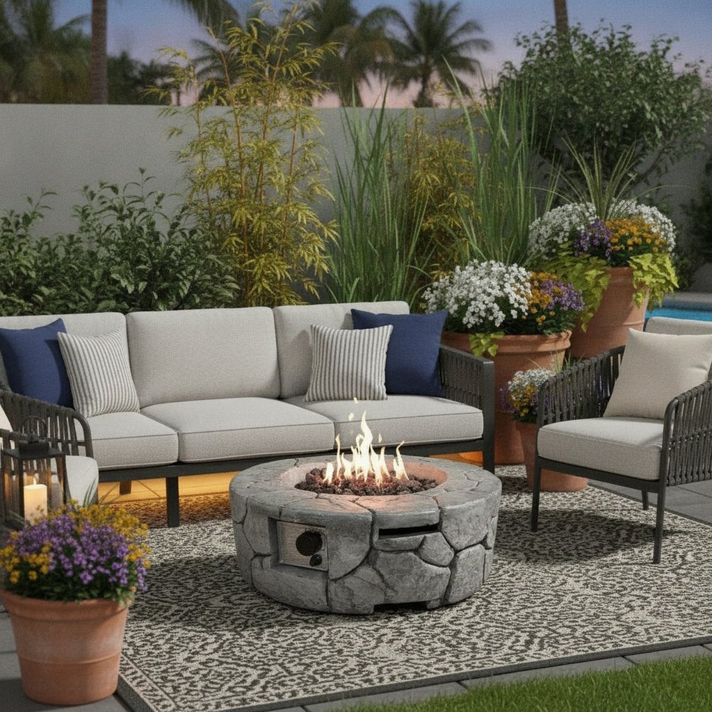 40000 BTU 28" Gray Concrete Propane Round Fire Pit With Cover - L1
