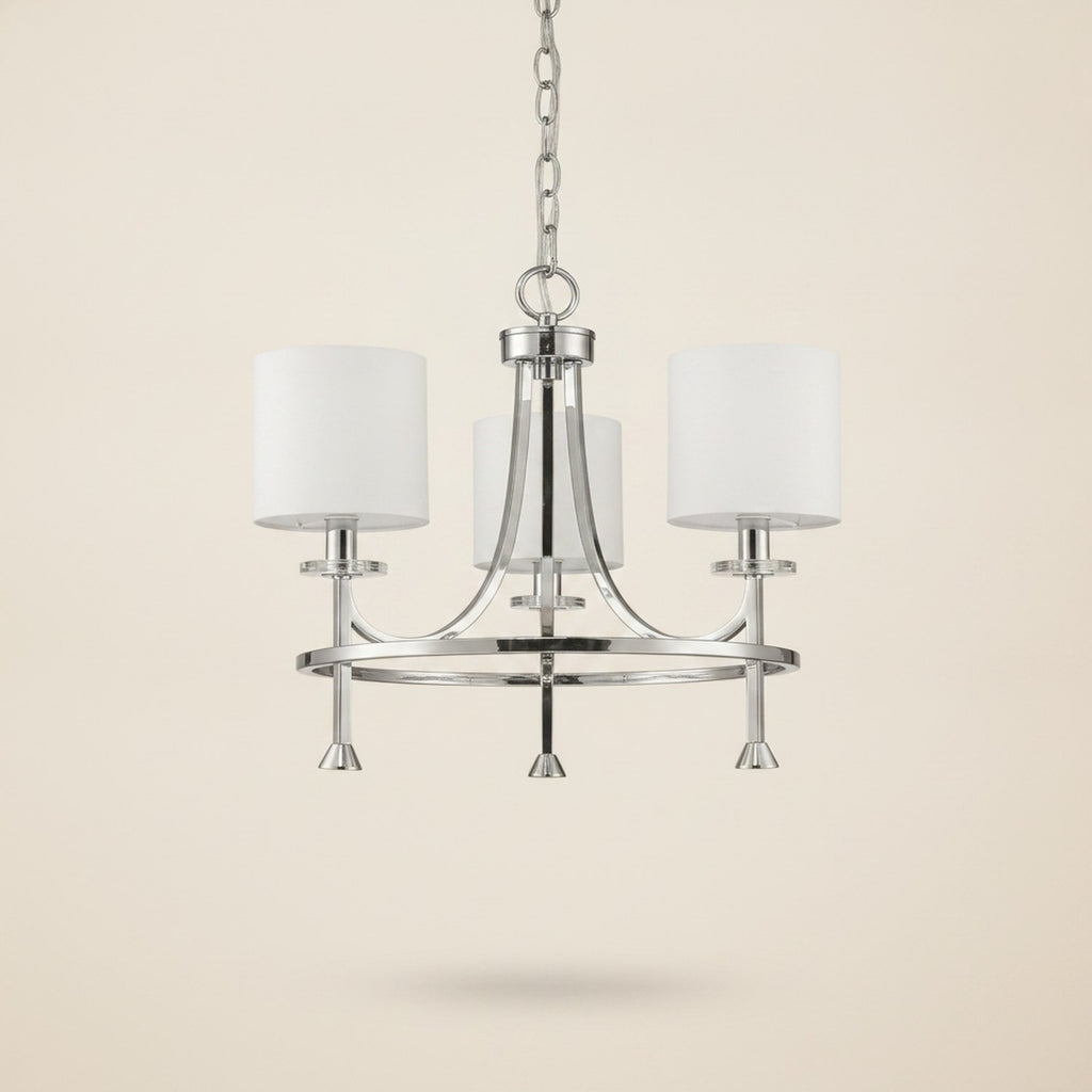 Silver Candle Style Three Light Metal Dimmable Chandelier With White Shades - hero
