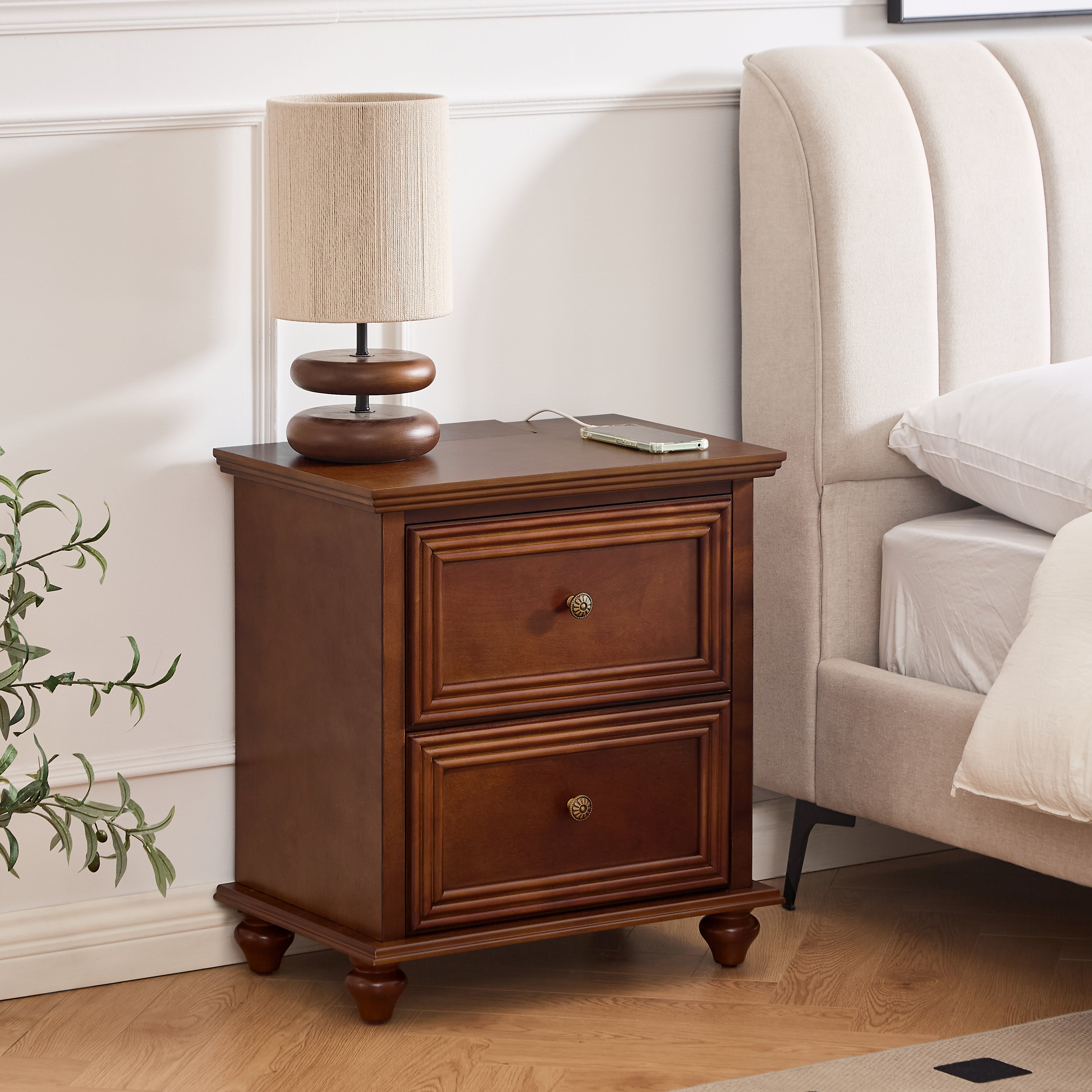 Mid-Century Nightstand with Charging Station, 2 Drawers, 23", Walnut