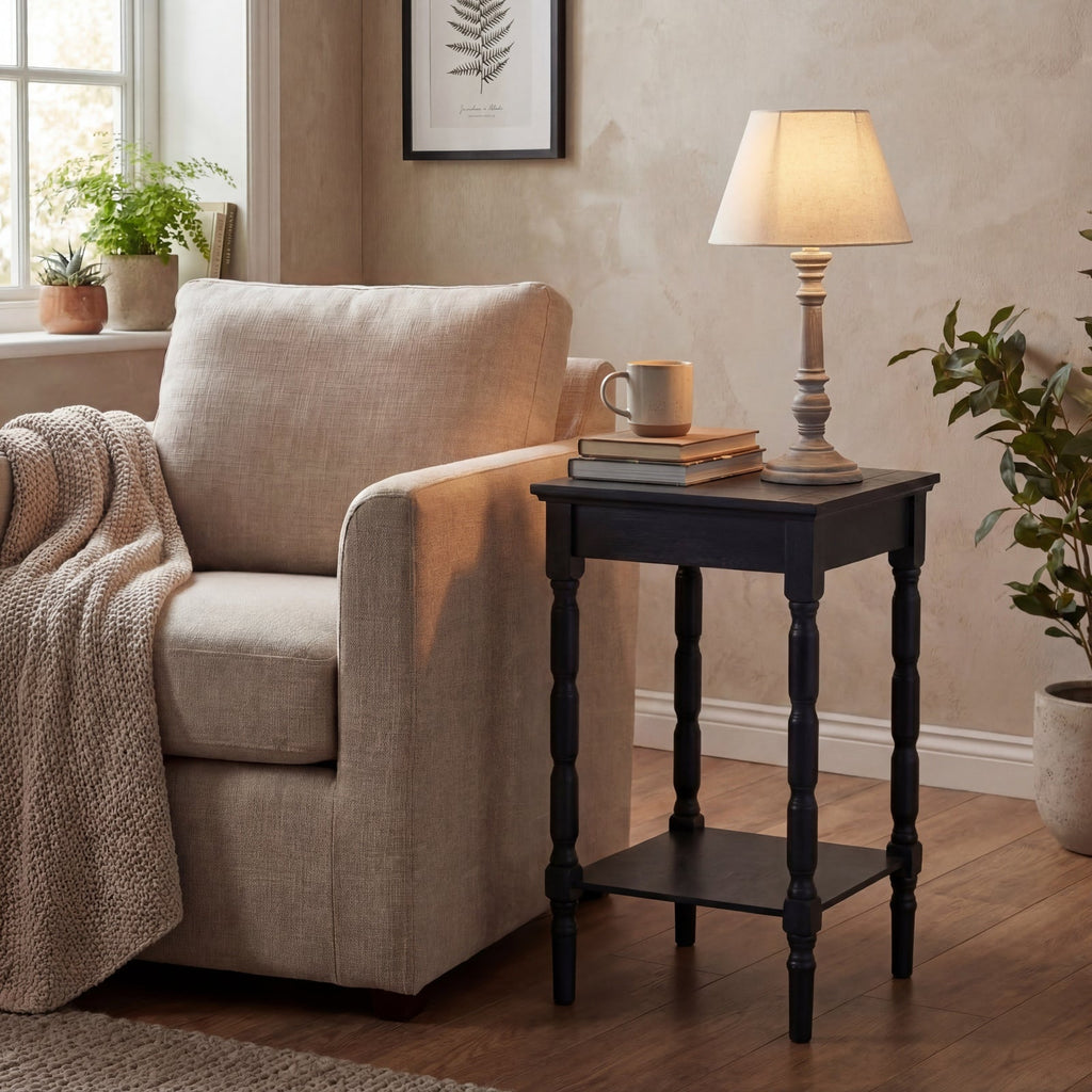 Small Beige Wood Table Lamp 38cm — Bedside Table Lamp, Linen Shade, Pella
