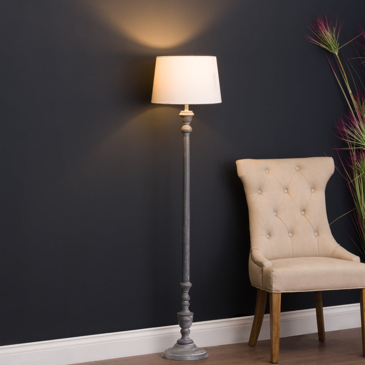 Beige Wood Floor Lamp 155cm — Living Room Floor Lamp, Linen Shade, Ithaca