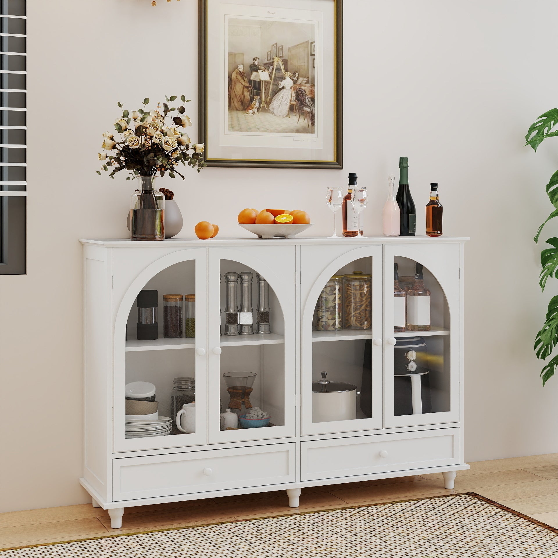 White Arched Glass-Door Sideboard, 2 Drawers & Display Shelves