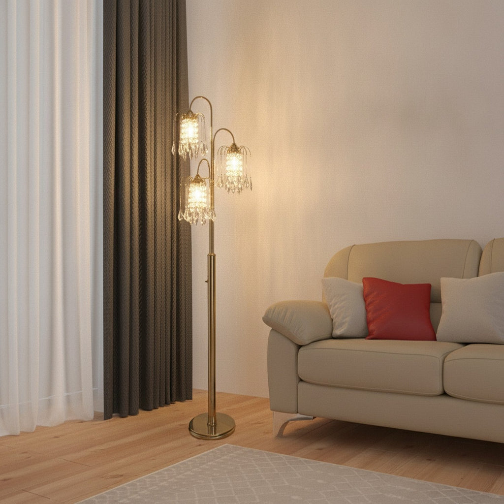 63" Gold Three Lights Candelabra Floor Lamp With Clear Faux Crystal Shades - L1