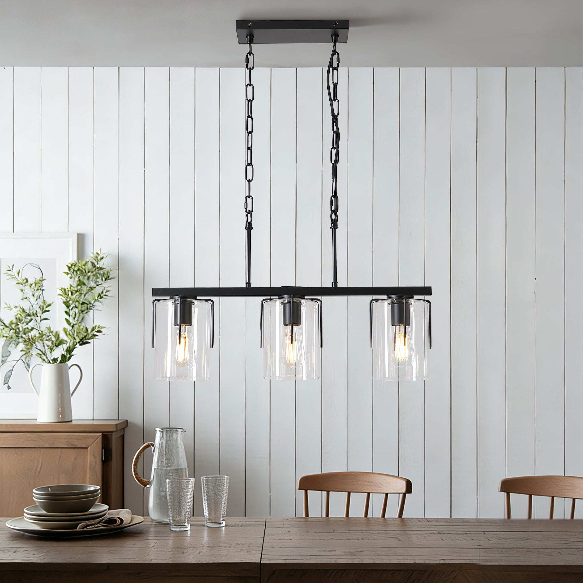 3-Light Matte Black Linear Pendant Light Chandelier