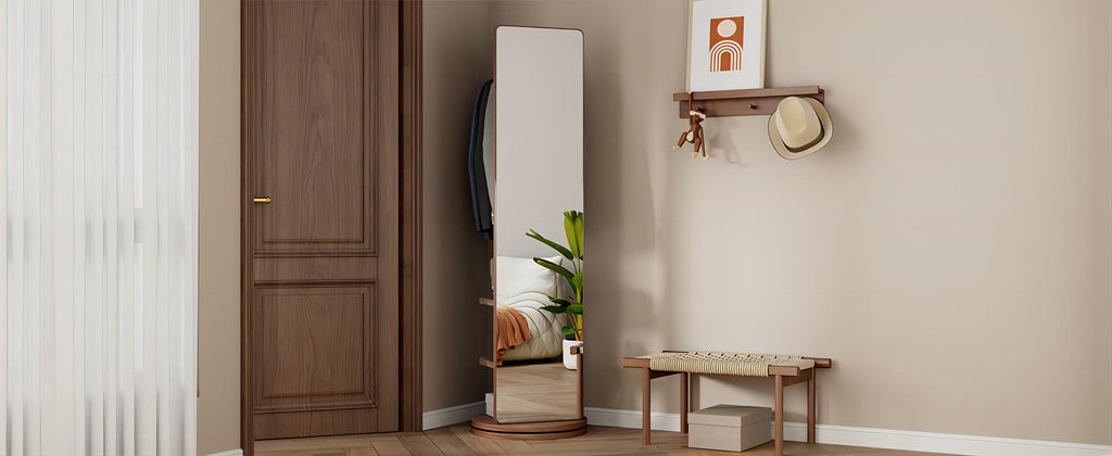 360 Rotating Full-Length Mirror with Coat Rack, 66", Walnut