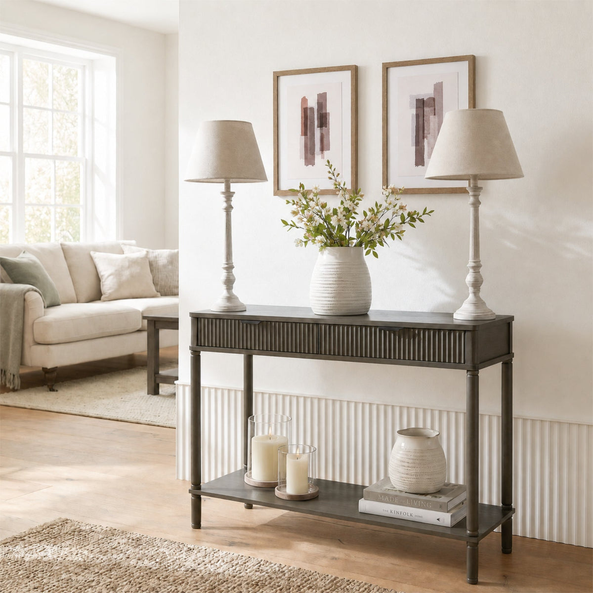 Grey Wood Table Lamp 72cm — Living Room Table Lamp, Linen Shade, Leptis Magna