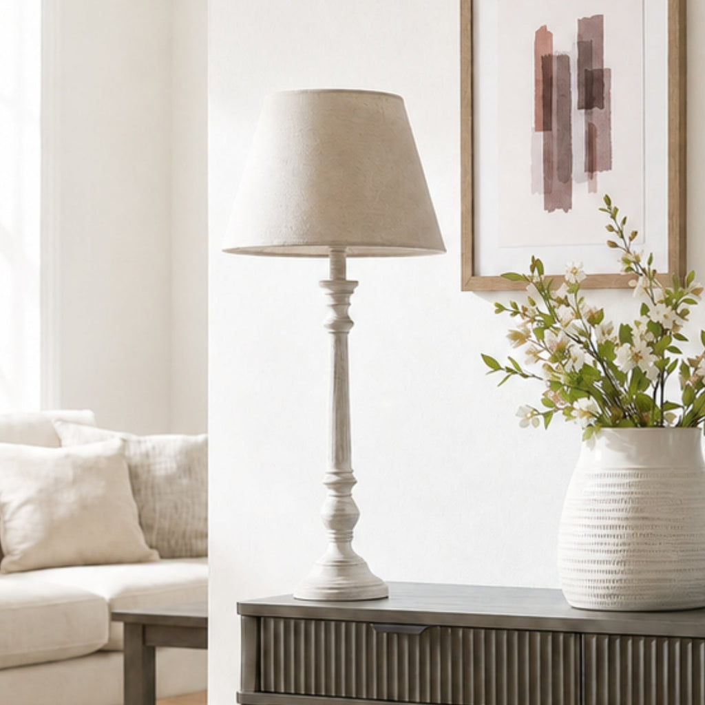 Grey Wood Table Lamp 72cm — Living Room Table Lamp, Linen Shade, Leptis Magna
