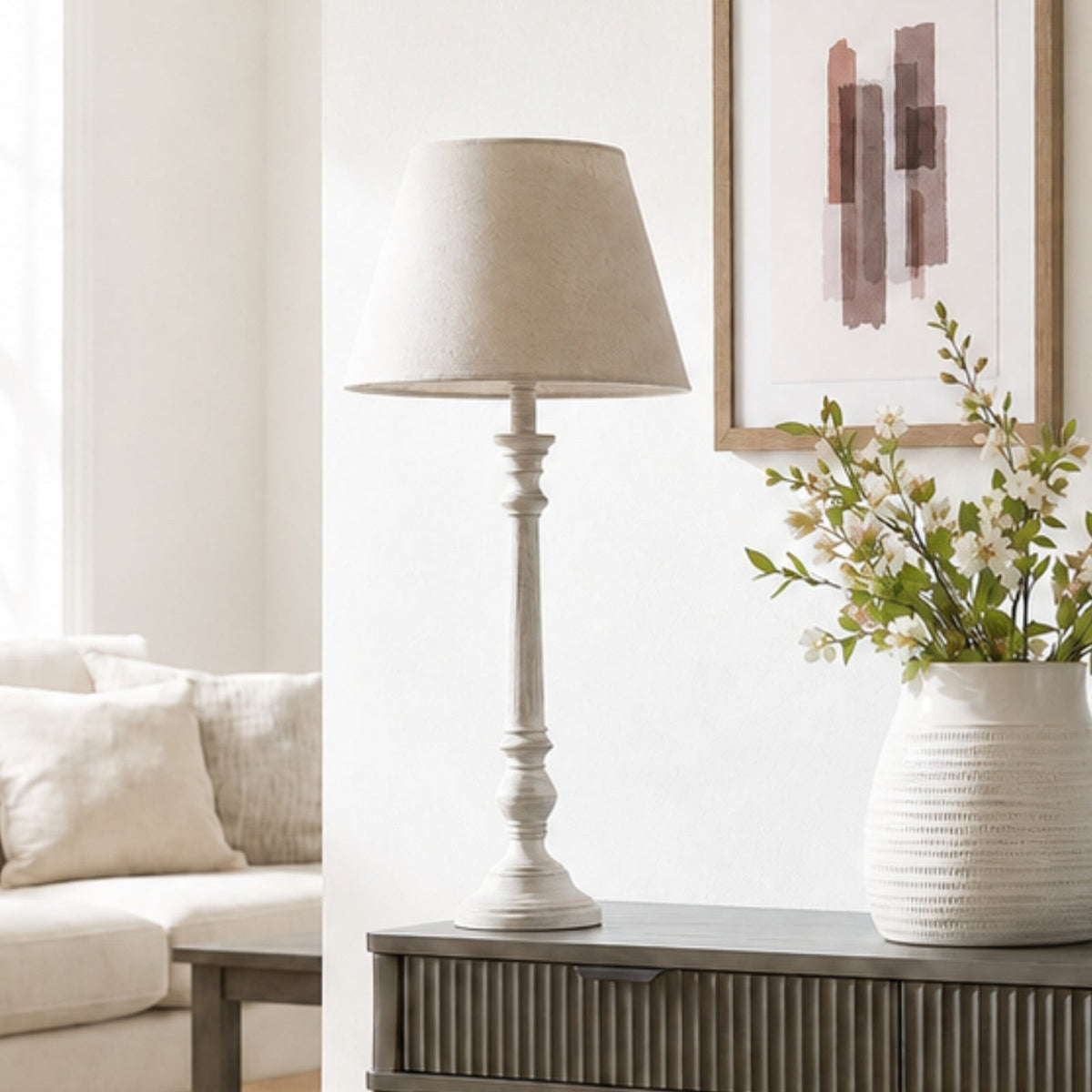 Grey Wood Table Lamp 72cm — Living Room Table Lamp, Linen Shade, Leptis Magna