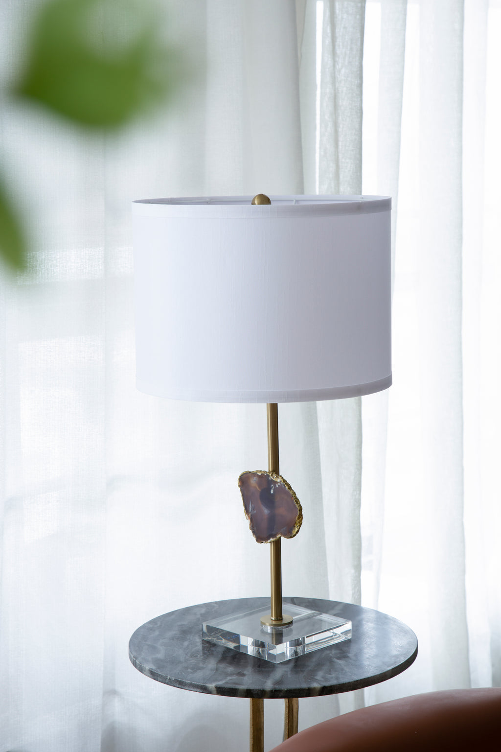 D14x25.2" Gold Table Lamp with Agate Slice and White Drum