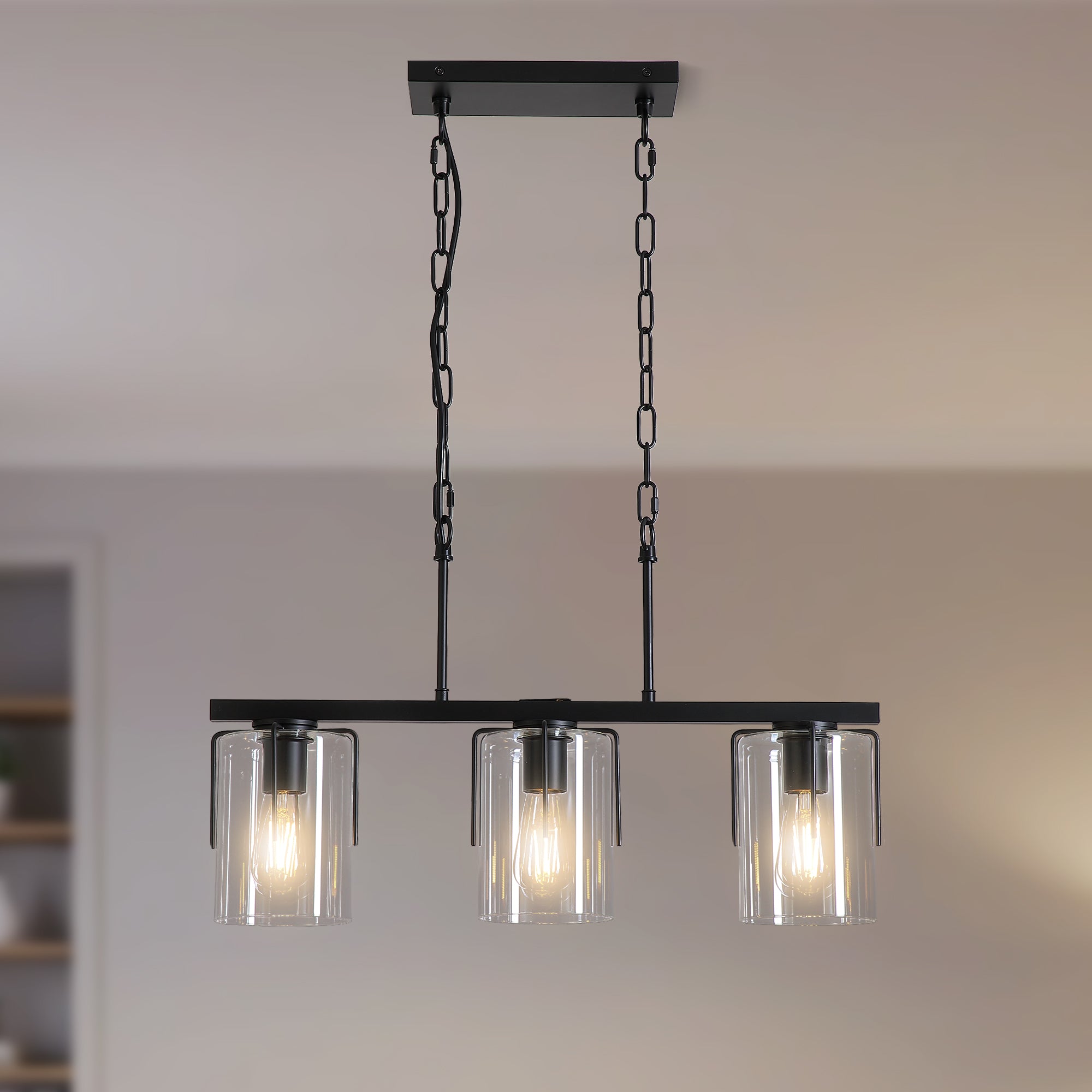 3-Light Matte Black Linear Pendant Light Chandelier
