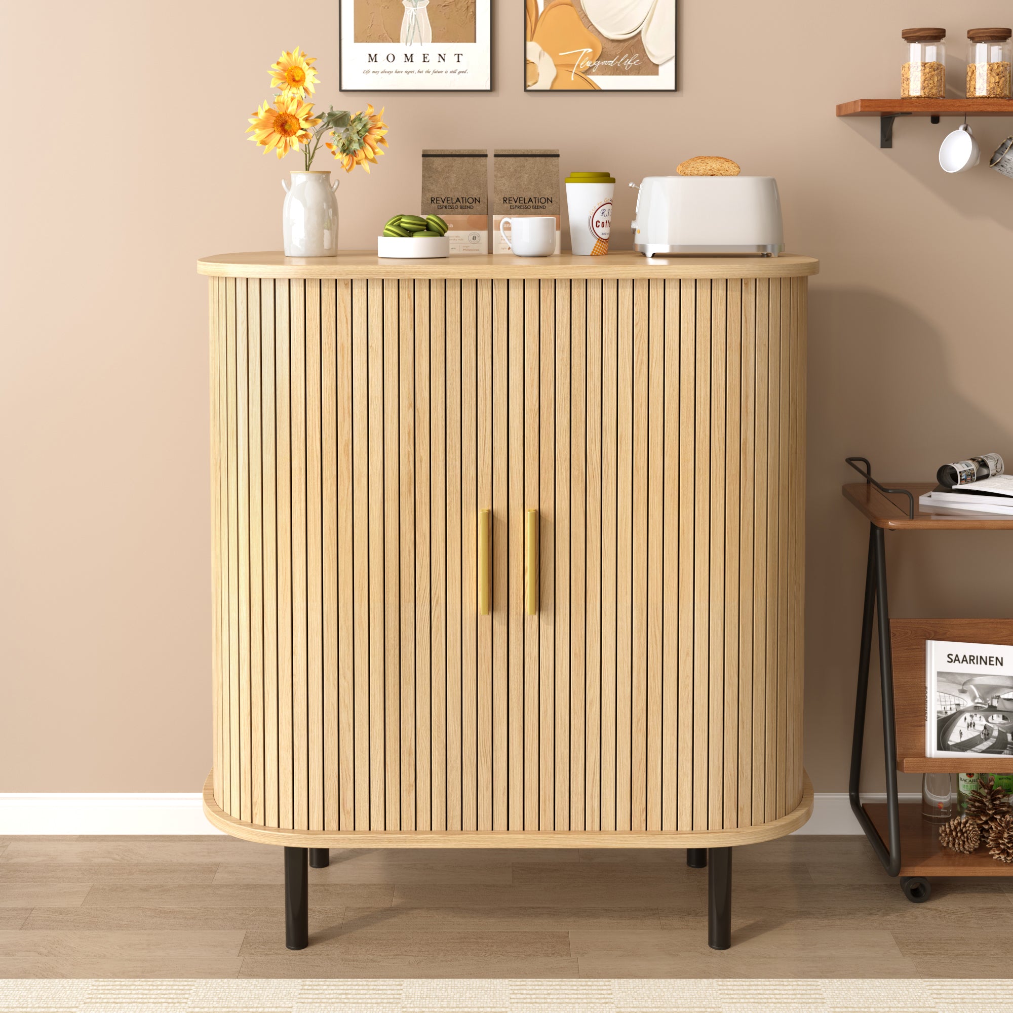 Fluted Wine Bar Cabinet with Tambour Doors & Wine Rack, 28", Natural