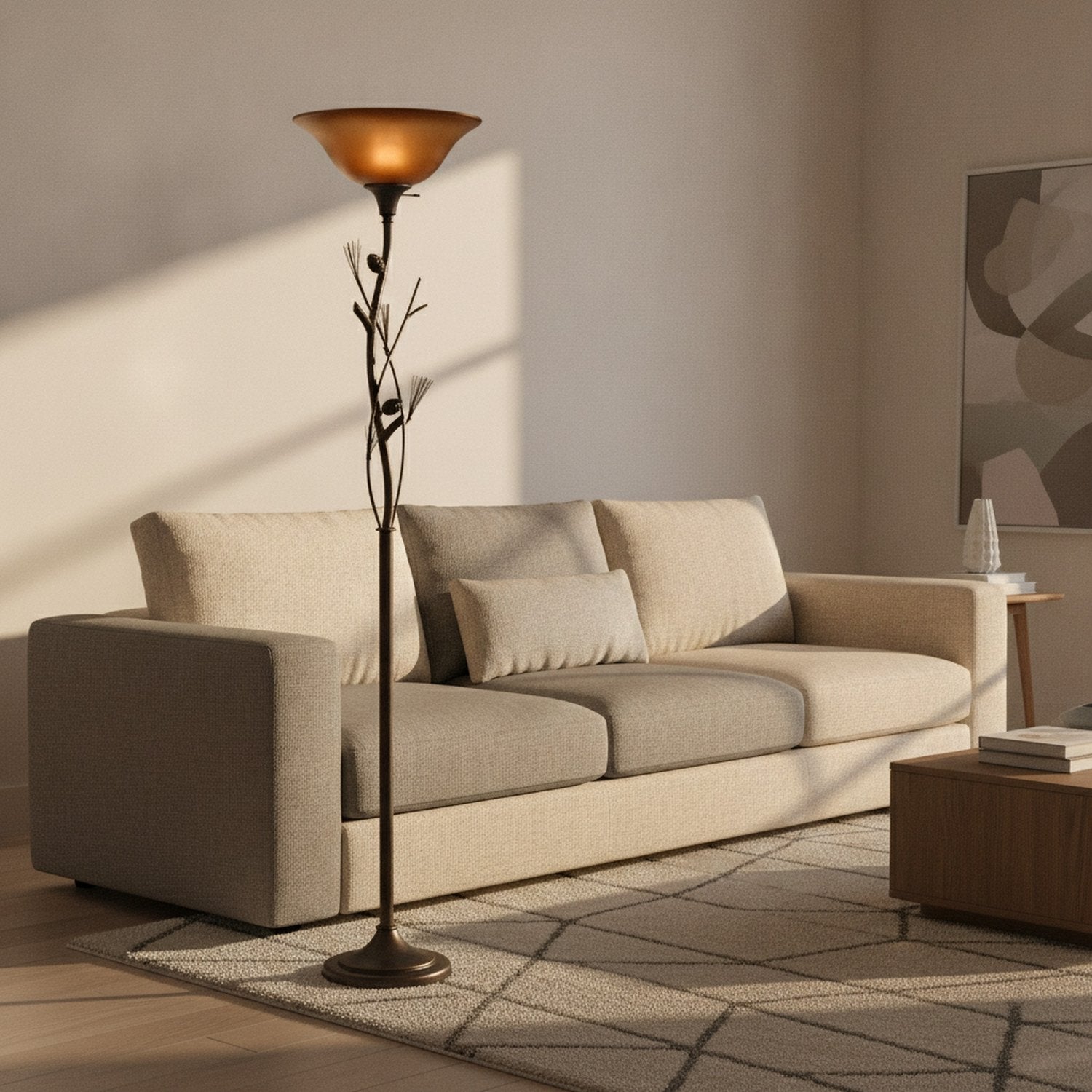 72" Rusted Torchiere Floor Lamp With Brown Frosted Glass Dome Shade - L1