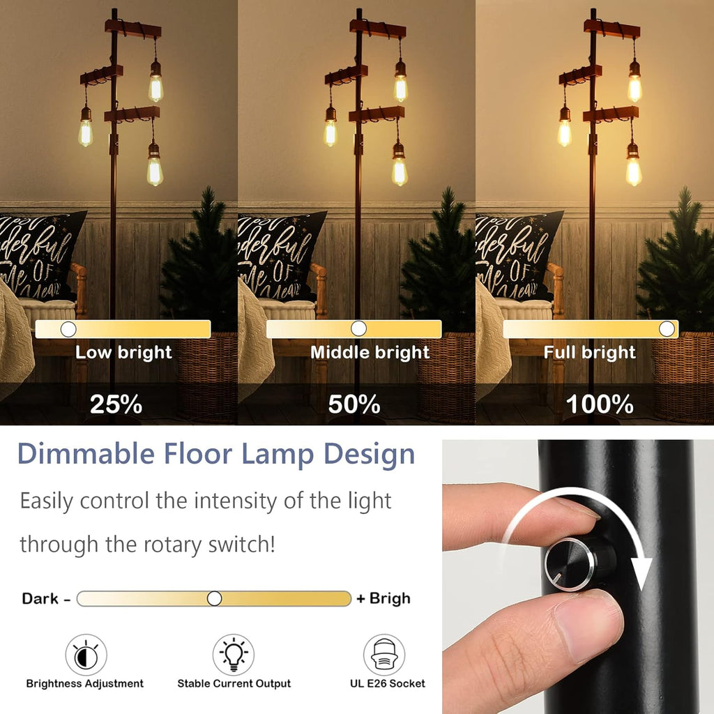 Dimmable Industrial 3-Light Wood & Black Metal Floor Lamp