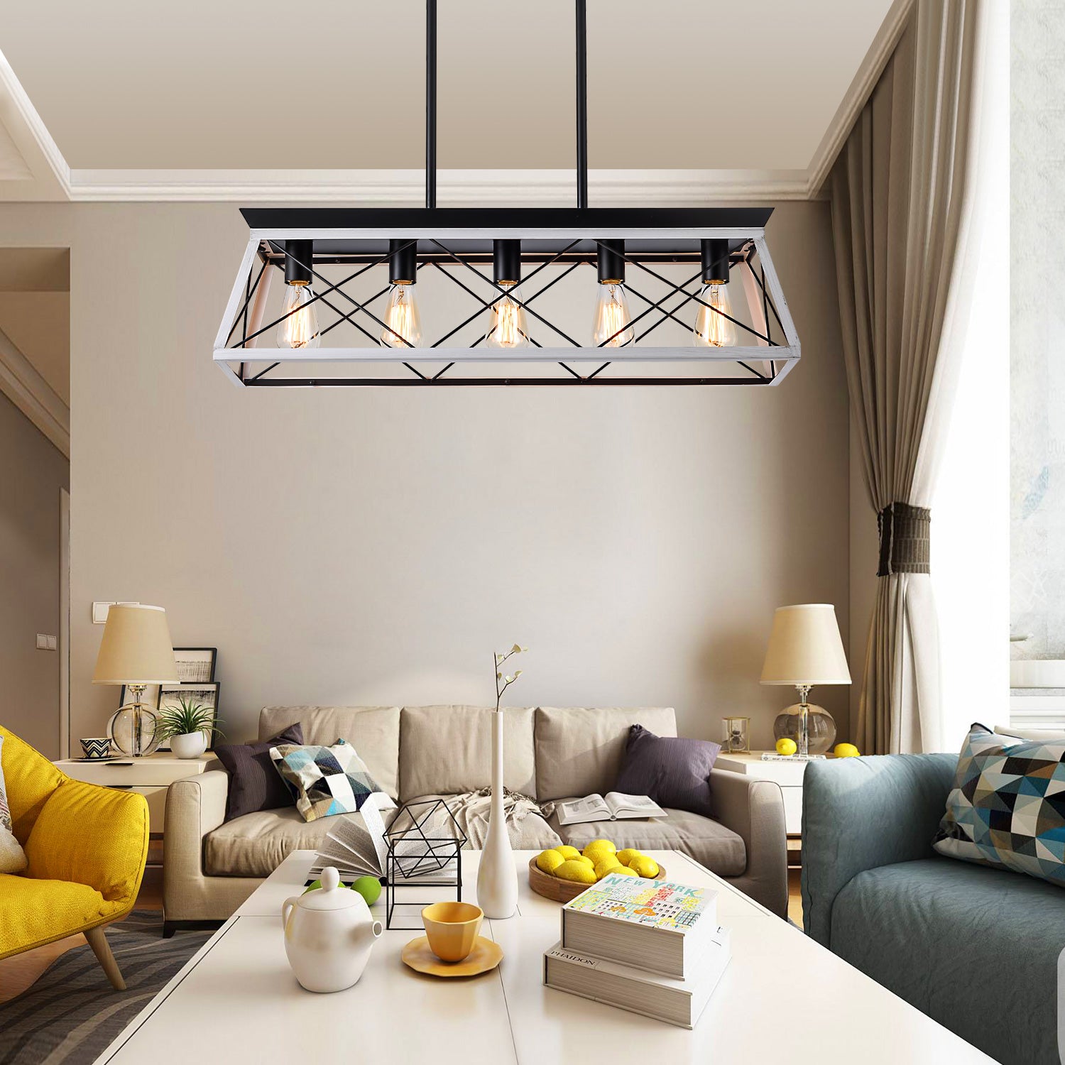 32" Black White Industrial 5-Light Pendant Chandelier