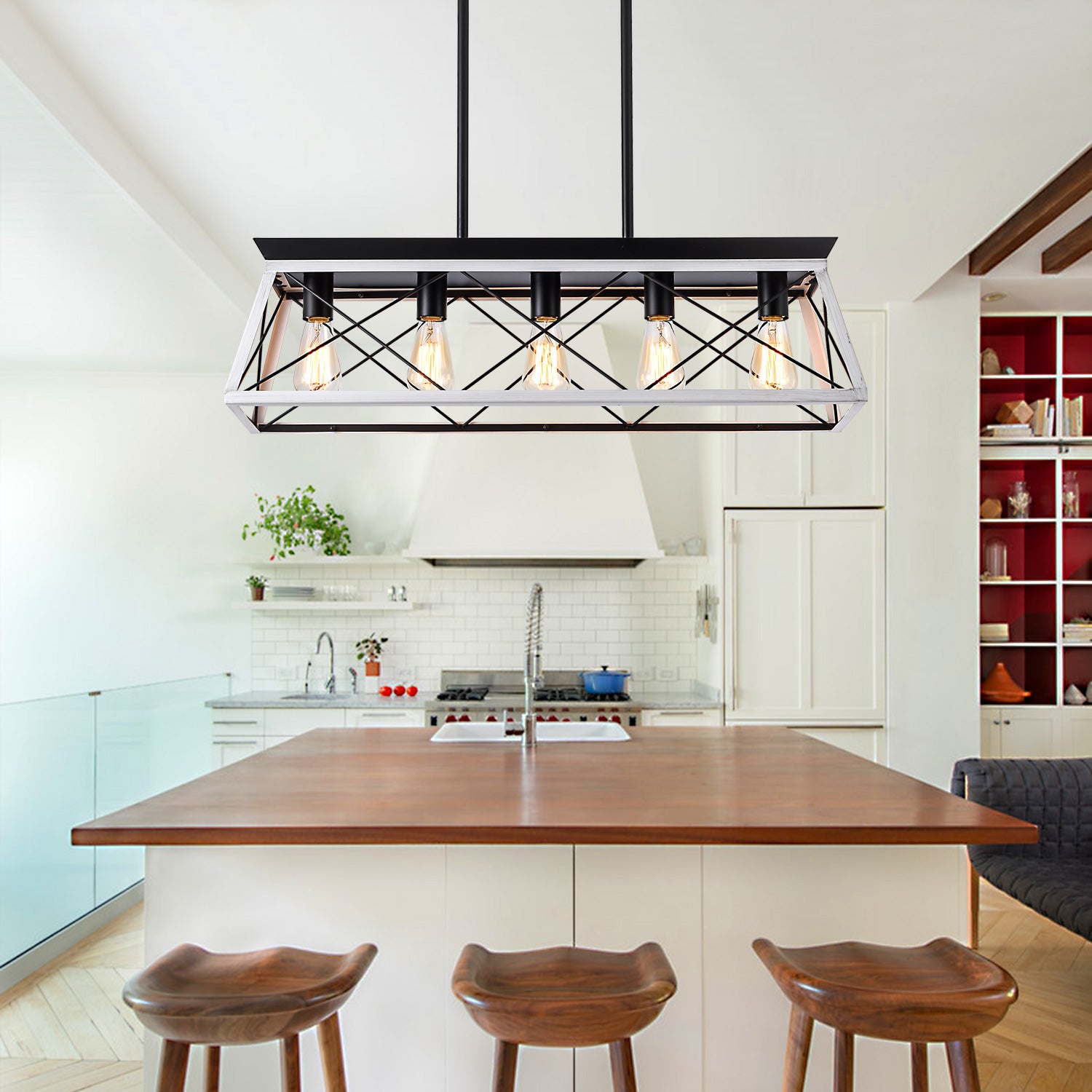32" Black White Industrial 5-Light Pendant Chandelier