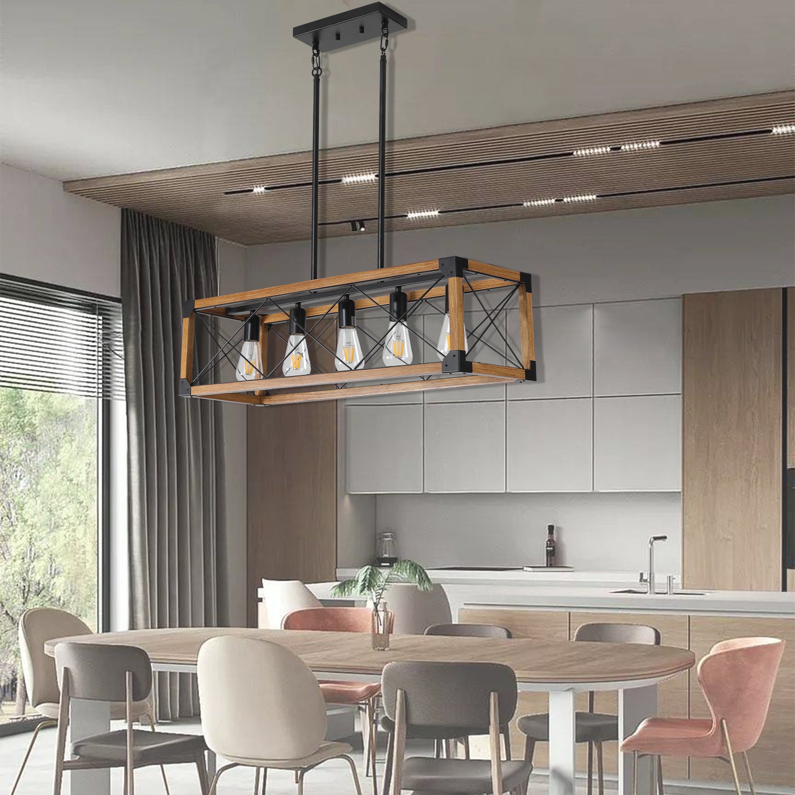32" Walnut Industrial Farmhouse Rectangle Pendant Chandelier