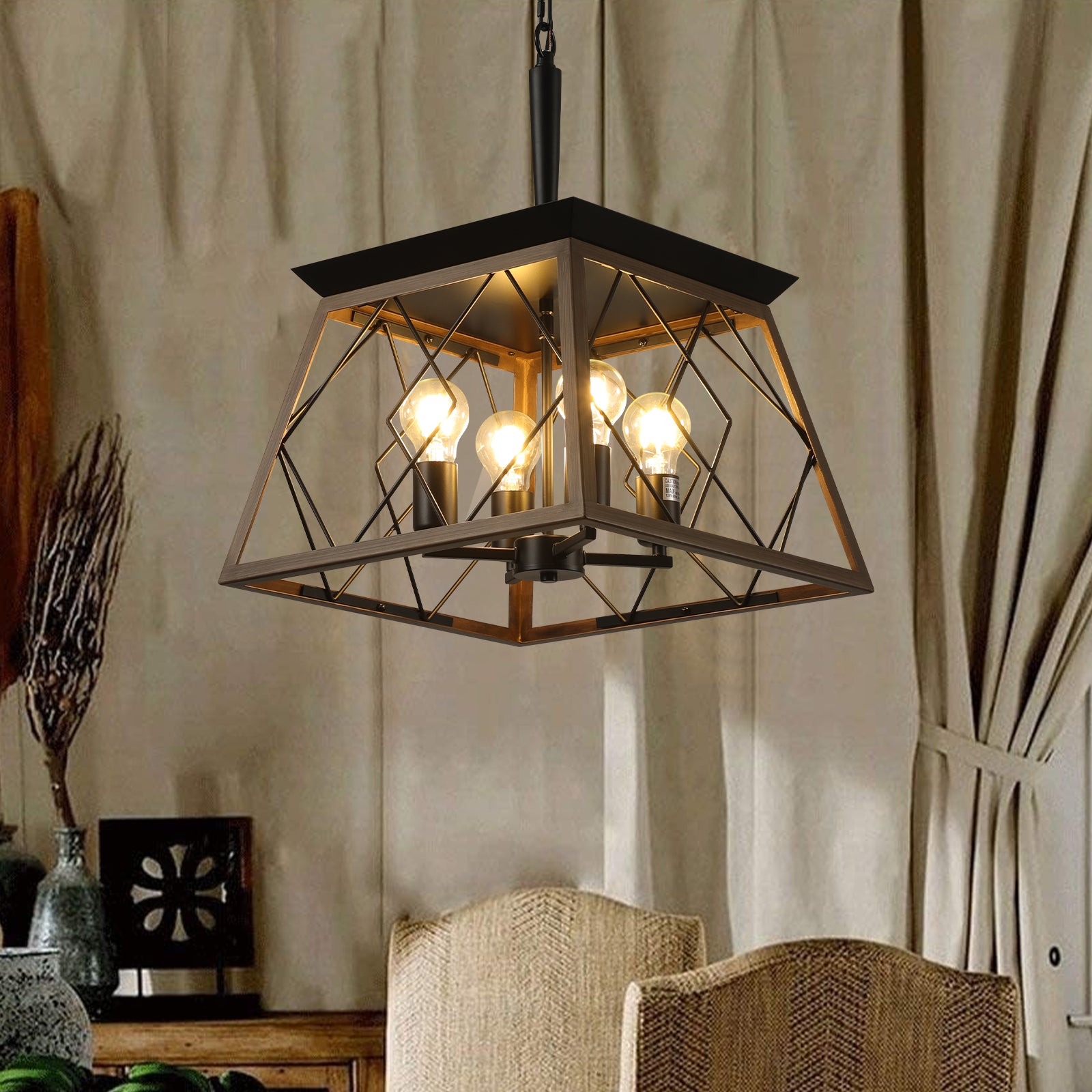 16" Walnut Industrial 4-Light Pendant Chandelier