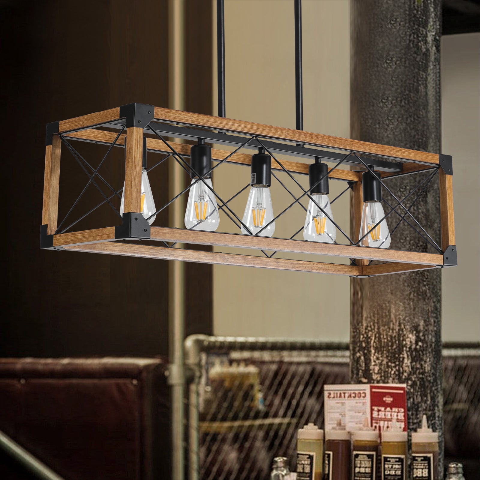 32" Walnut Industrial Farmhouse Rectangle Pendant Chandelier