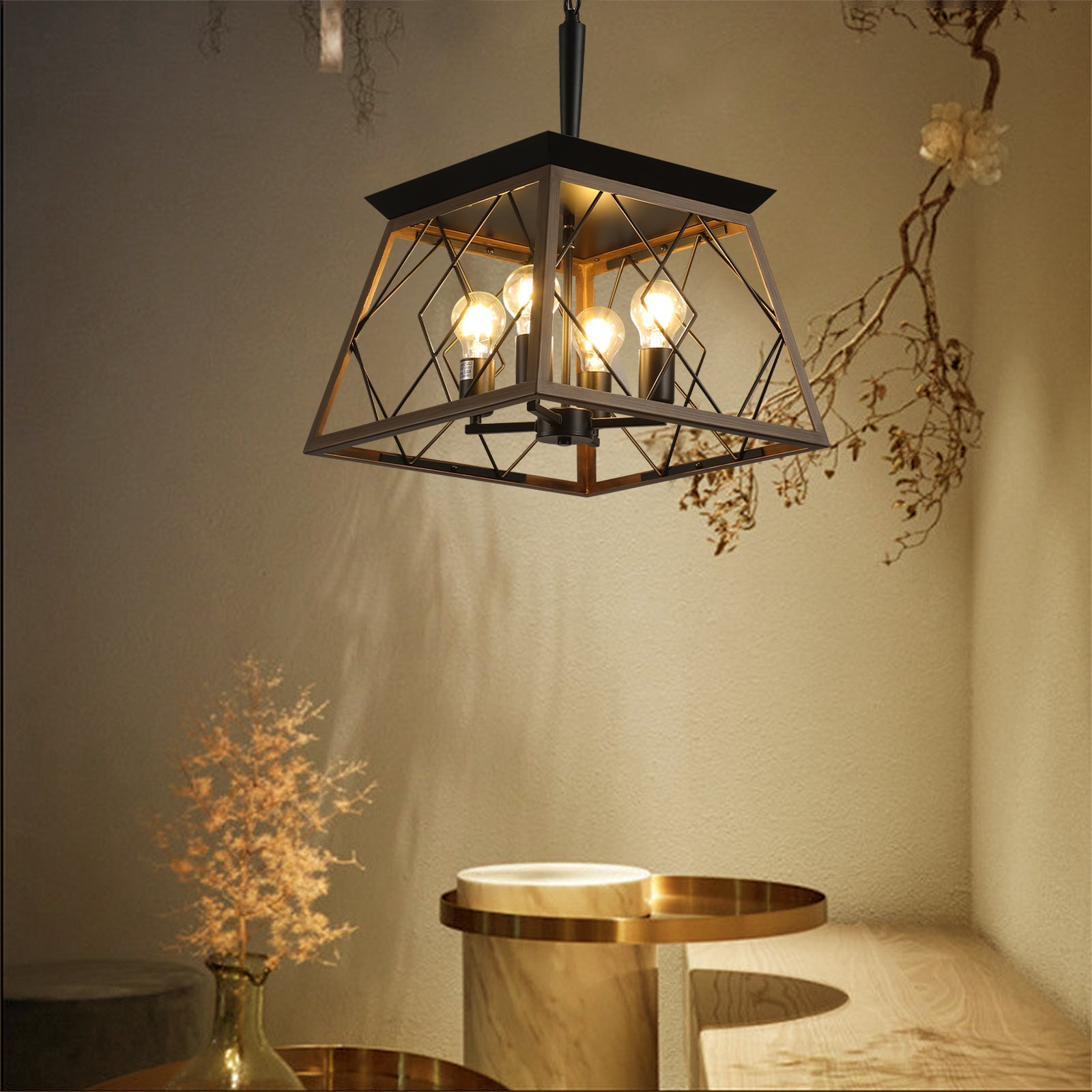 16" Walnut Industrial 4-Light Pendant Chandelier