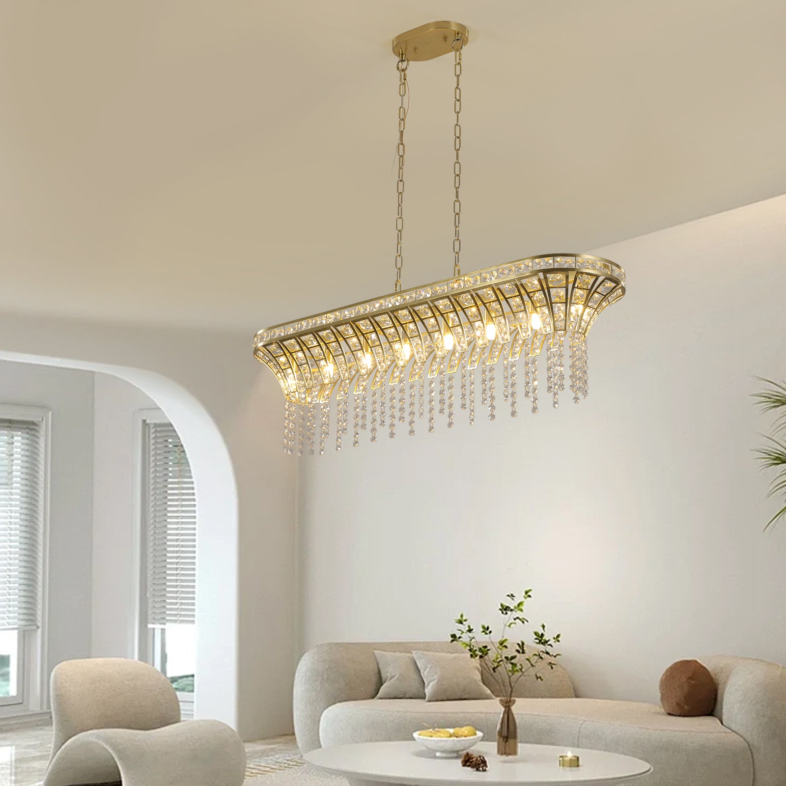 39" Modern Crystal Linear Rectangle Chandelier with Gold