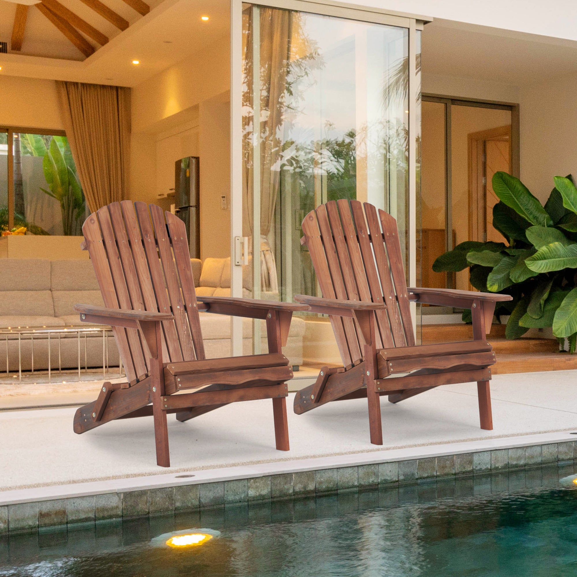 Wooden Outdoor Folding Adirondack Chair Set of 2 Fire Pit
