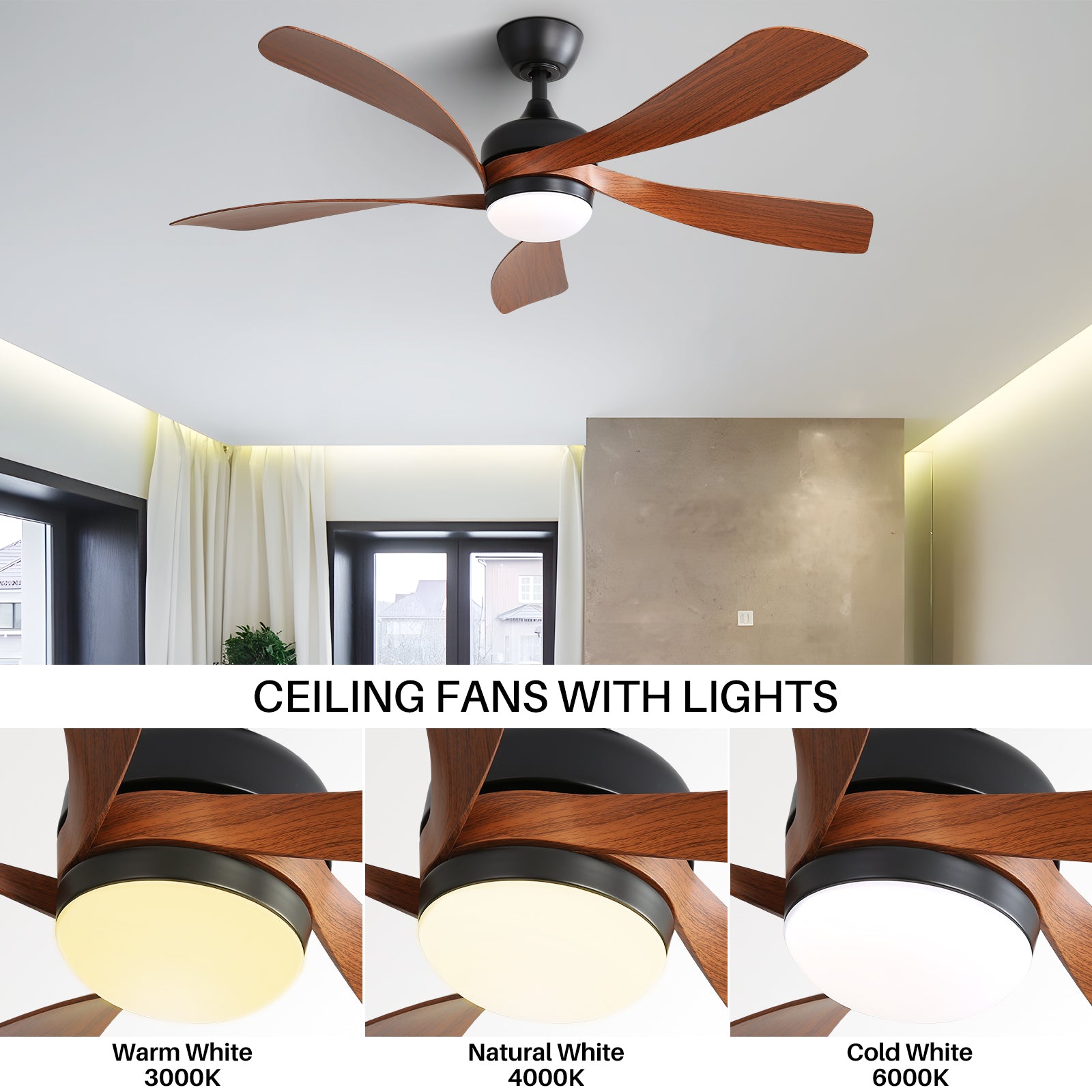 52 Inch Indoor Ceiling Fan With 3 Color Dimmable 5 ABS