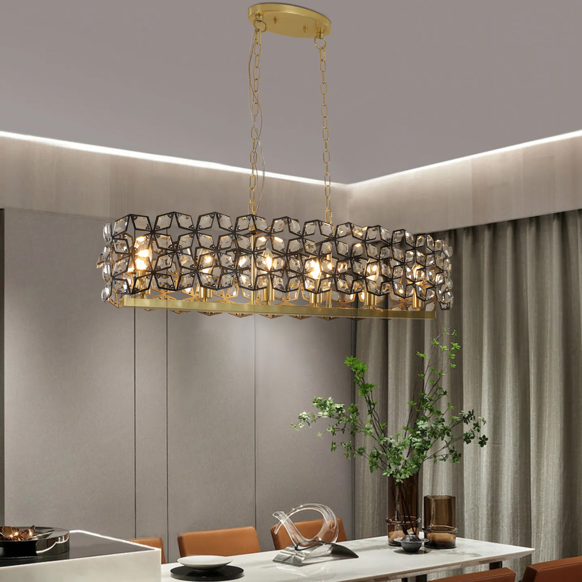 39" Contemporary Crystal and BlackGold Pendant Chandelier