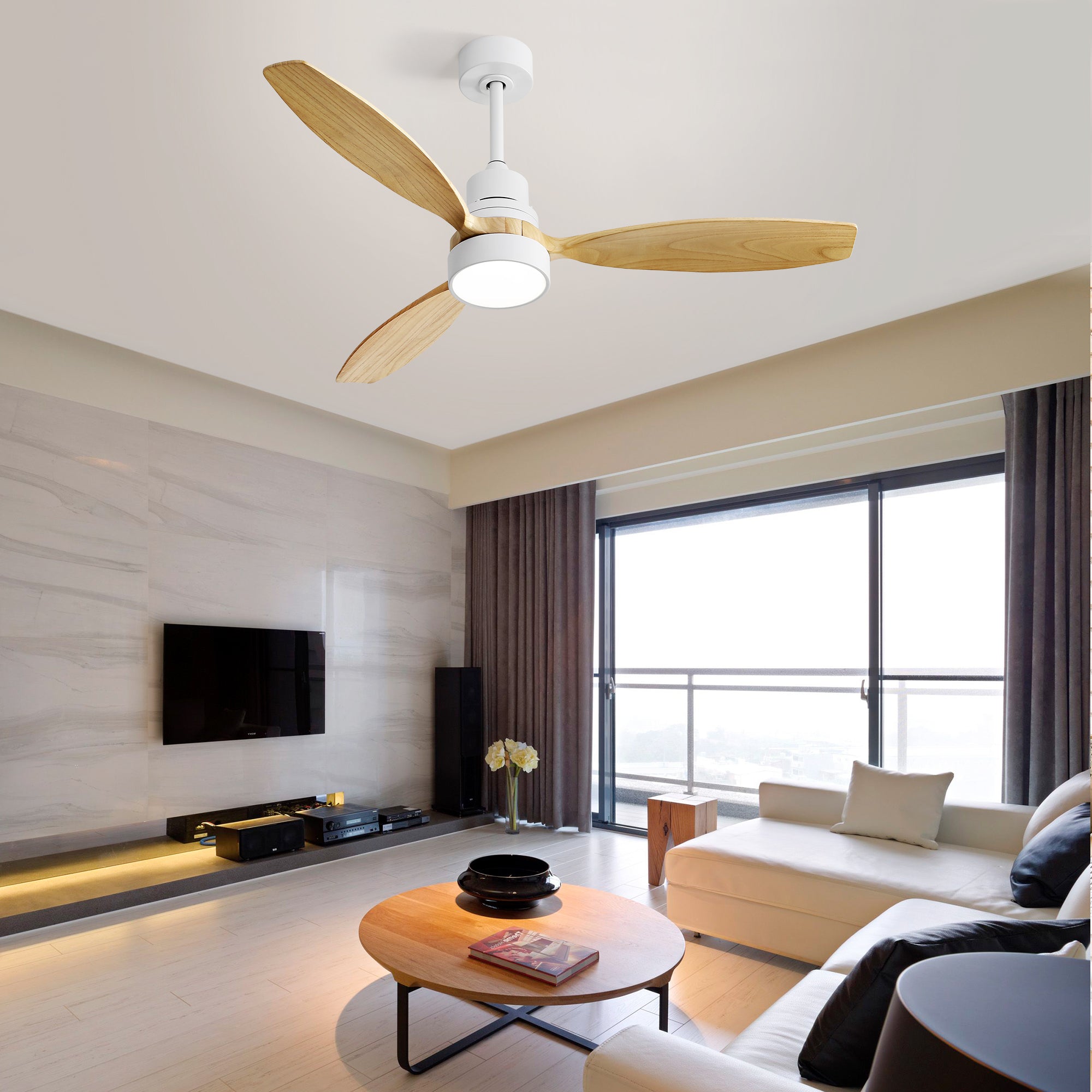 52 Inch Indoor Modern Ceiling Fan White 3 Solid Wood