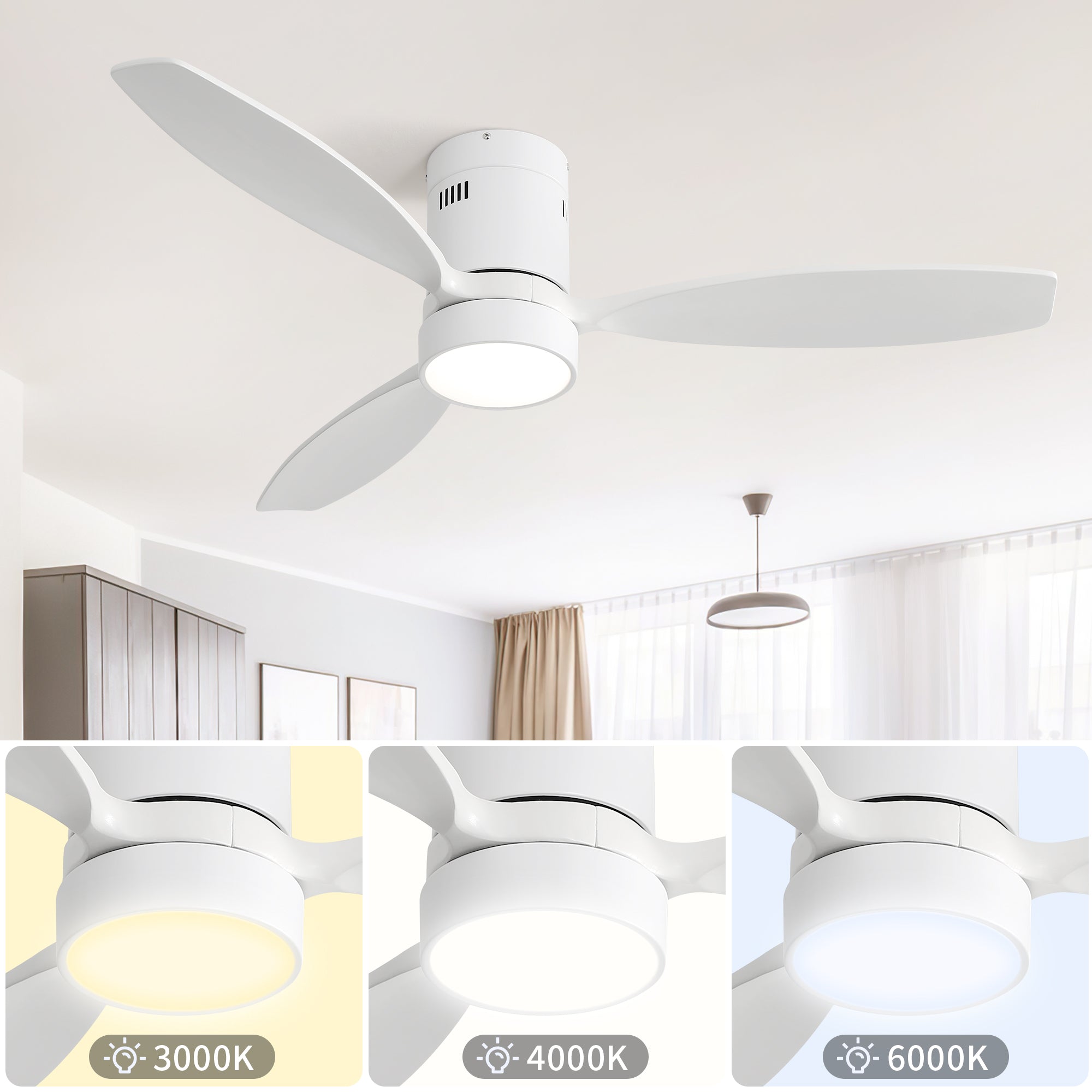 52 Inch Flush Mount Solid Wood Ceiling Fan With 6 Speed