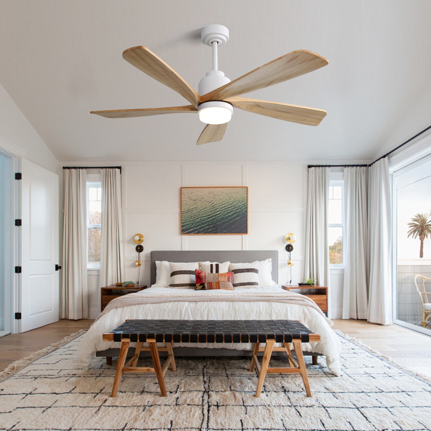 52 Inch Ceiling Fan With Dimmable LED Light 5 Solid Wood